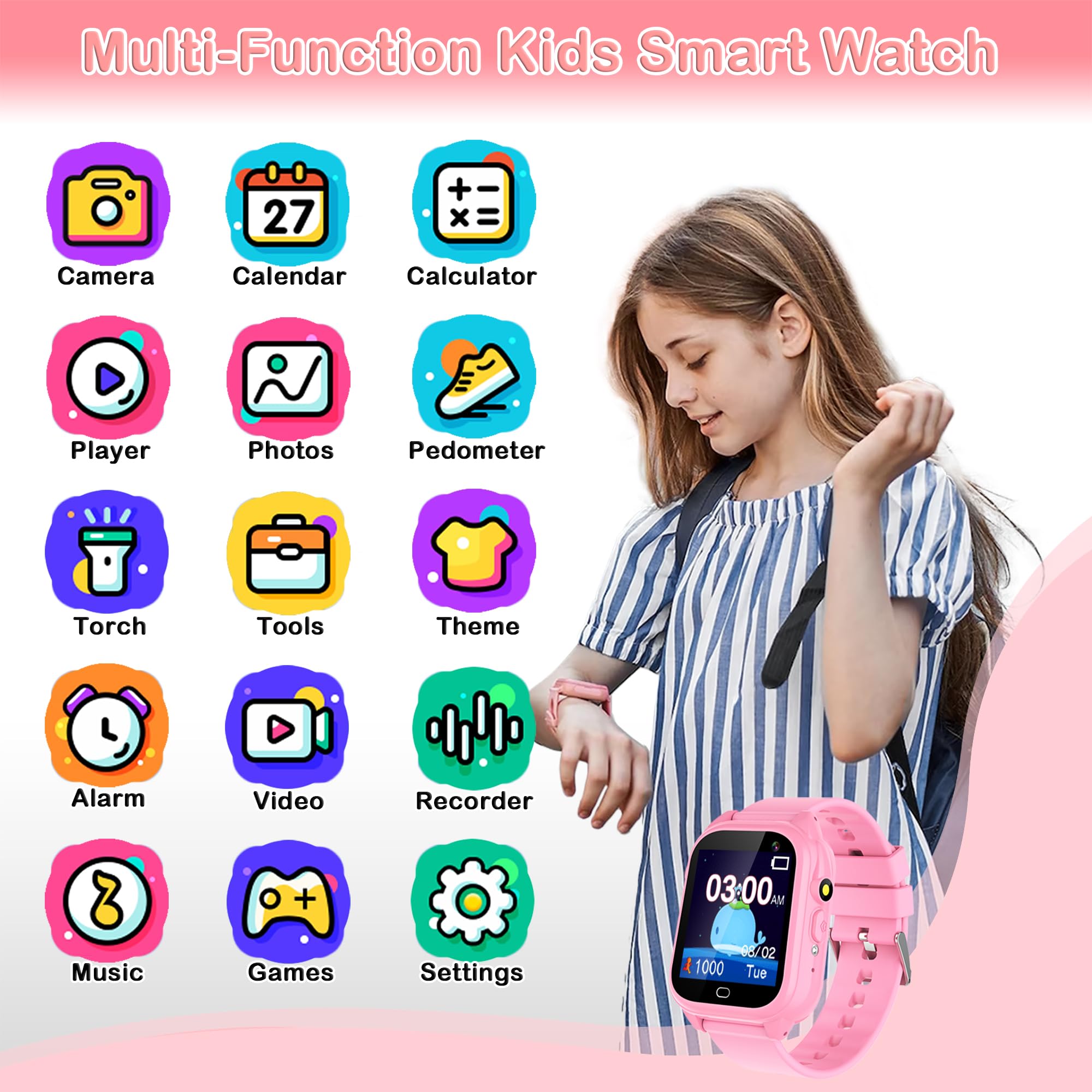 **Smart Watch for Kids Girls - 26 Games, Touch Screen, Waterproof, Camera, Pedometer, MP3, Alarm - Birthday Gift for Girls Ages 3-12 - Perfect for Playtime, School & Outdoor Activities**