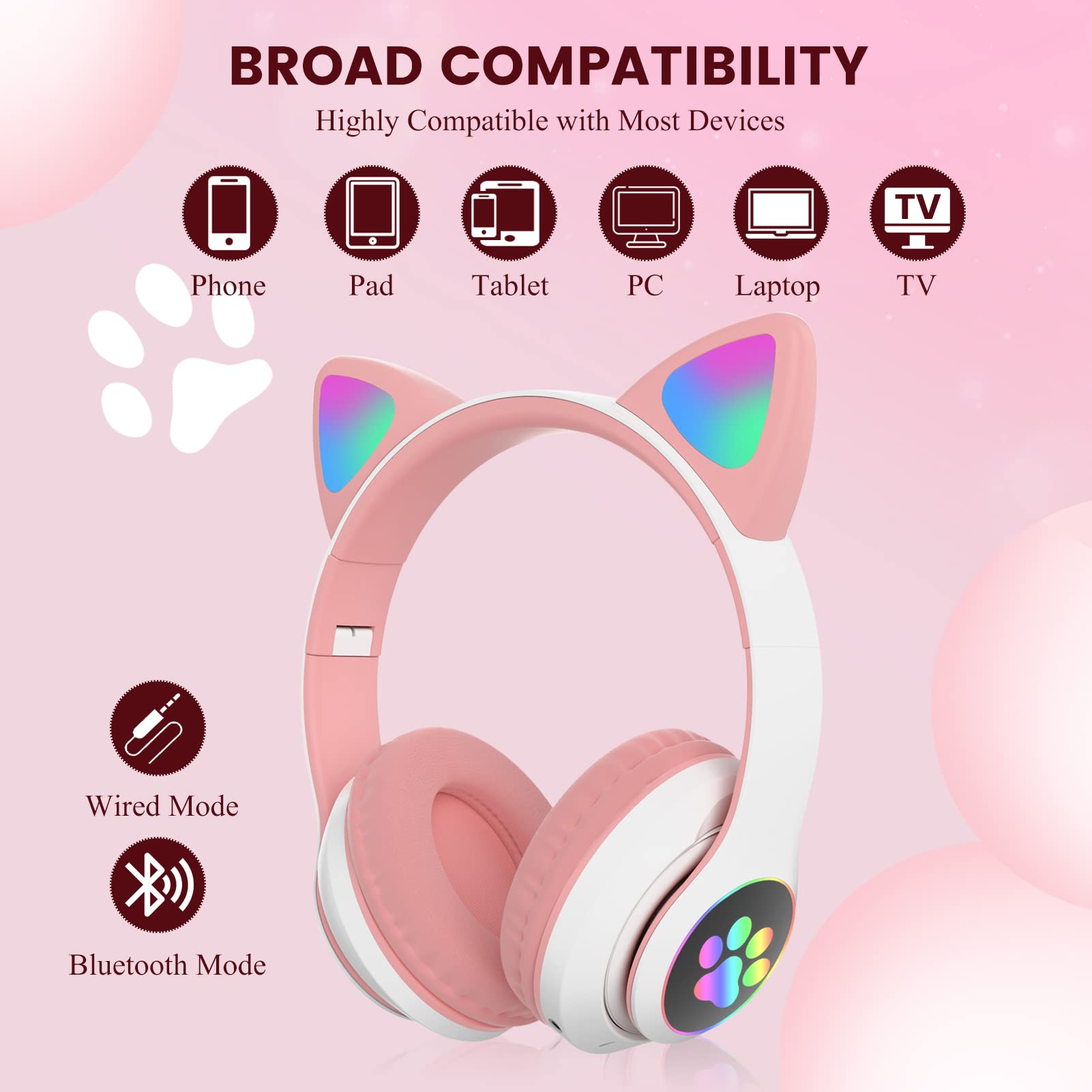 Best Wireless Kids Headphones with Microphone - Bluetooth Cat Ear Headphones for School, Girls & Boys (Pink) - Perfect for Online Learning, Travel & Entertainment