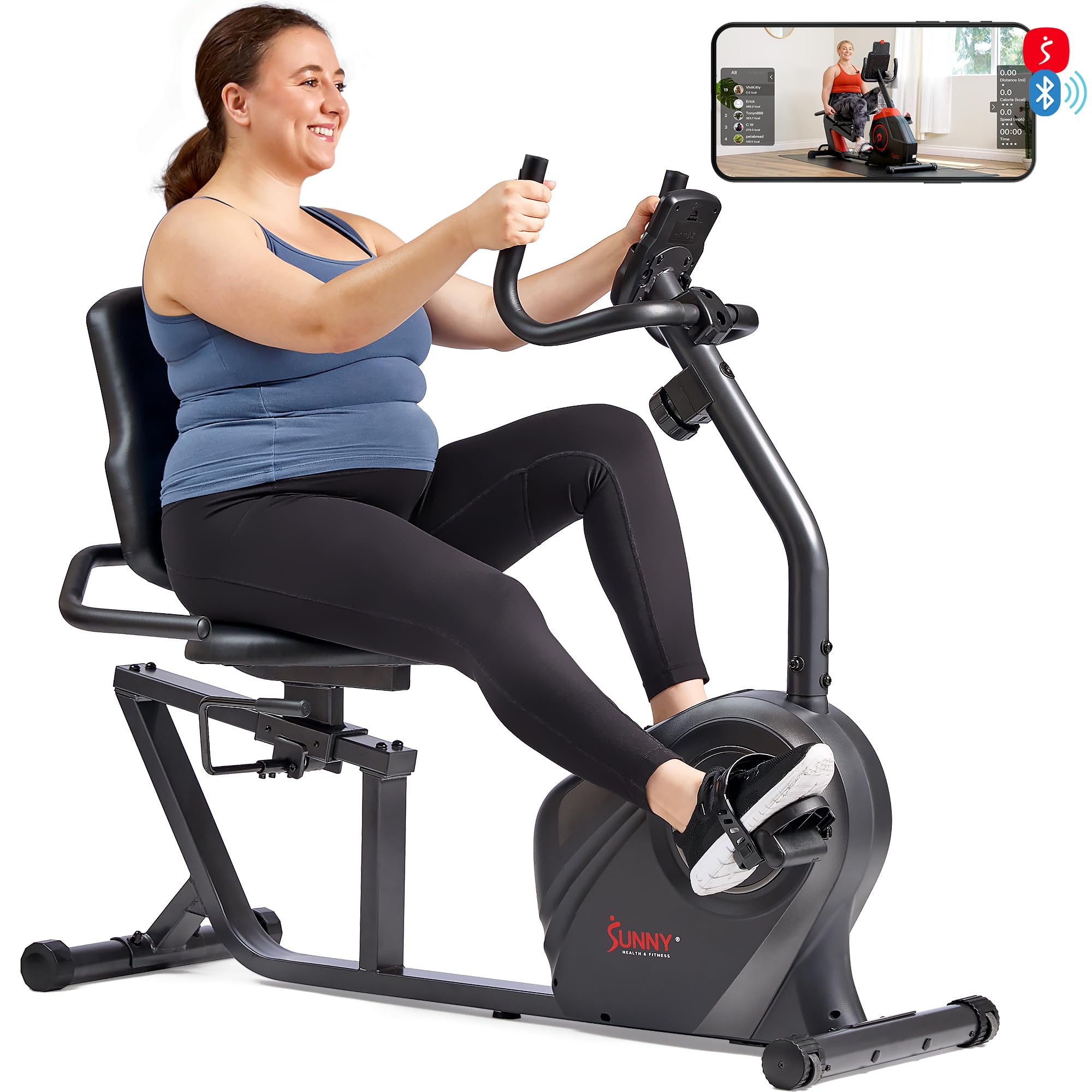 Sunny Health & Fitness Smart Heavy-Duty Recumbent Exercise Bike with Wide Cushioned Seat & Back Support - Indoor Cycling Machine for Adults & Seniors - Home Workout Equipment with Free SunnyFit App Connectivity & Optional Resistance Bands - Perfect for Low-Impact Cardio, Rehabilitation & Home Gym Training