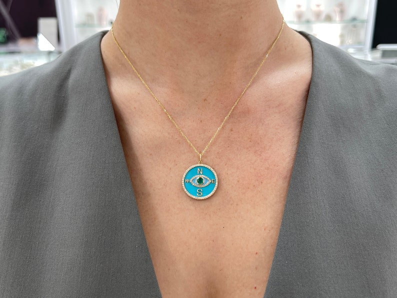 0.76tcw Natural Medium Dark Green Round Emerald & Diamond Turquoise Compass Evil Eye Pendant in 14K Gold - Spiritual Protection Jewelry for Women, Gift for Travelers & Adventurers