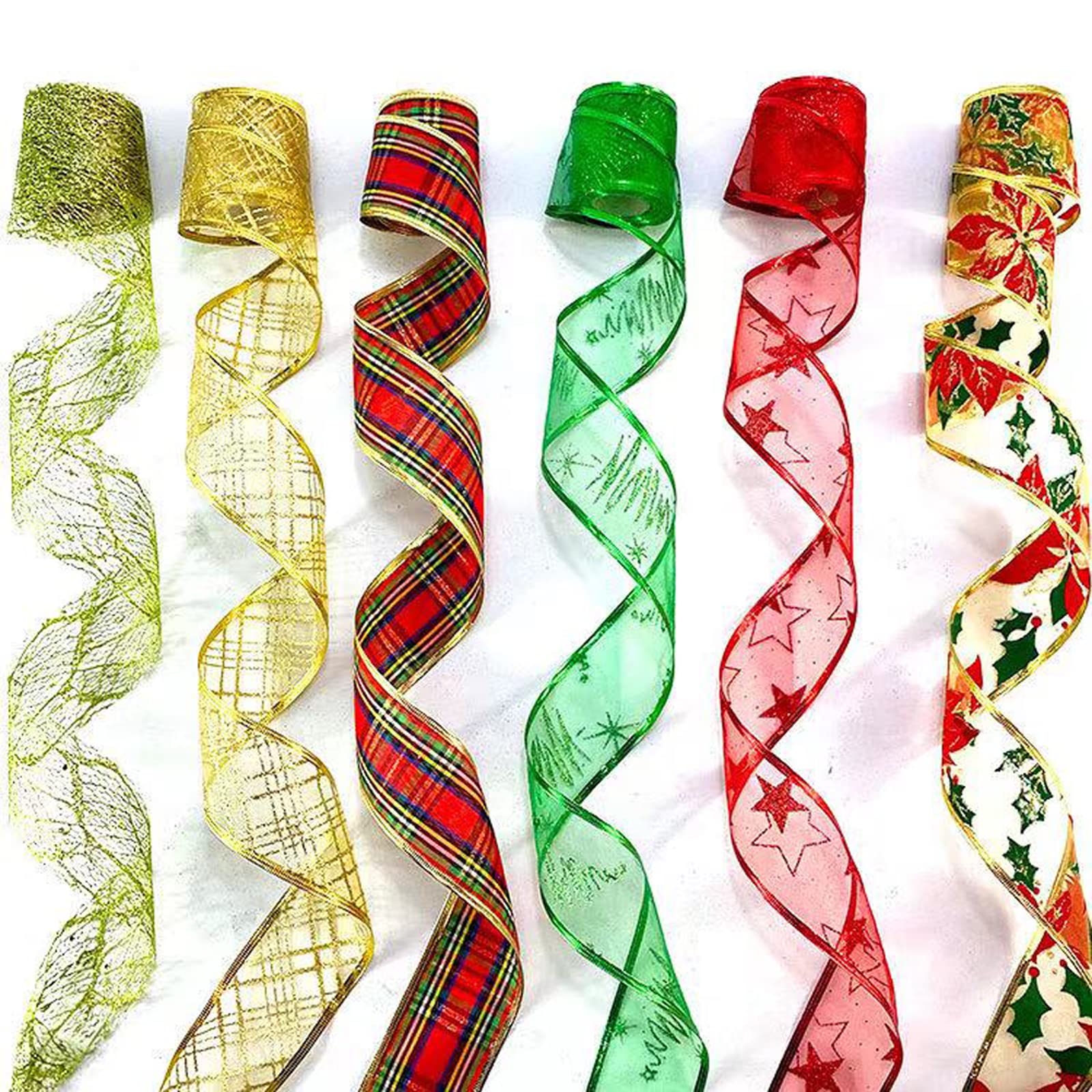 Christmas Wired Ribbon for Gift Wrapping - 6 Rolls (36 Yards) Red & Green Glitter Ribbon Set - Perfect for Christmas Tree Decor, Wreaths, Garland, Bows, and Holiday Gift Wrapping - Festive Home & Party Decorations