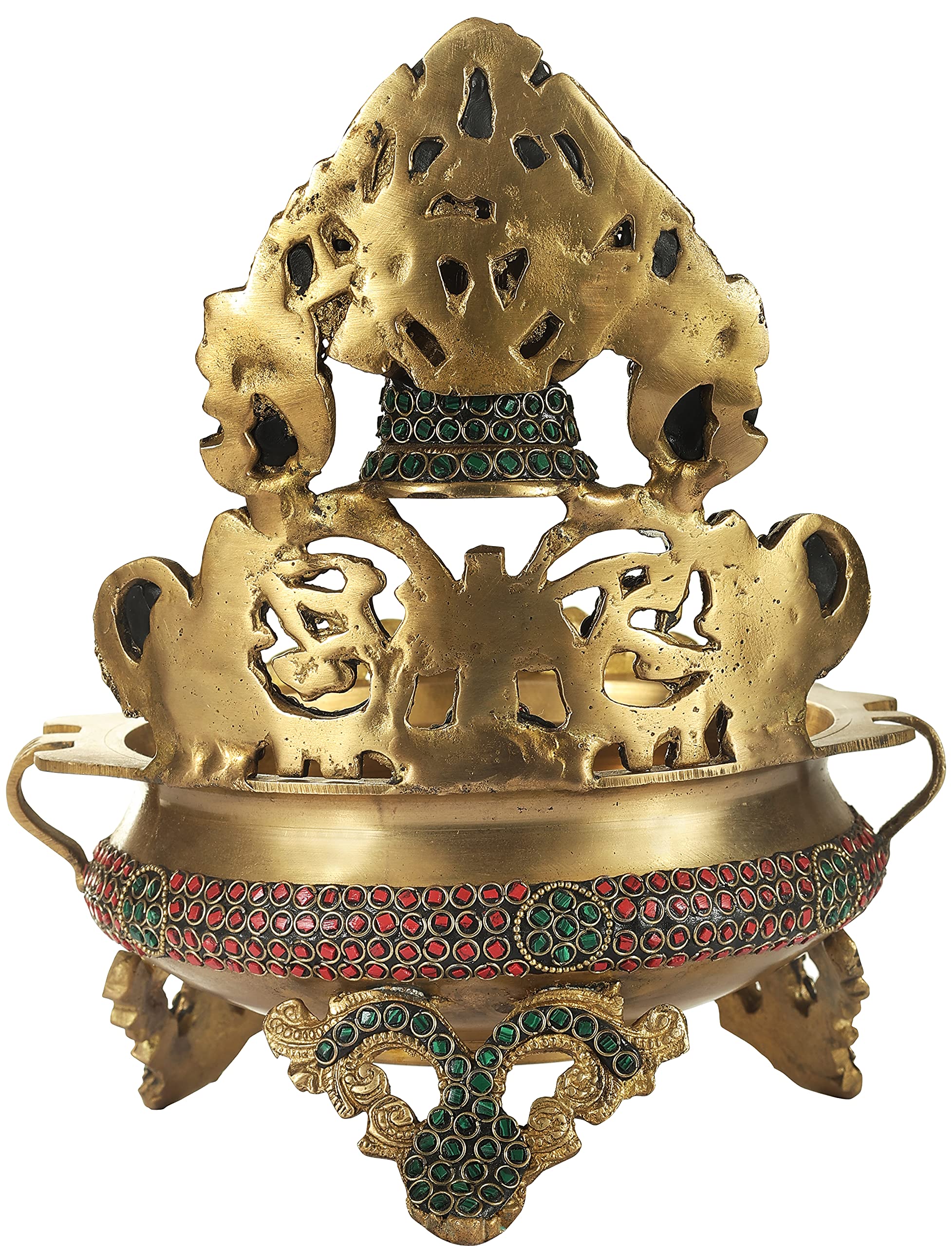 Exotic Indian Ganesha Urli Brass Bowl with Inlay Stone Work - Handcrafted Hindu Religious Decor for Home Altar, Meditation & Yoga Space