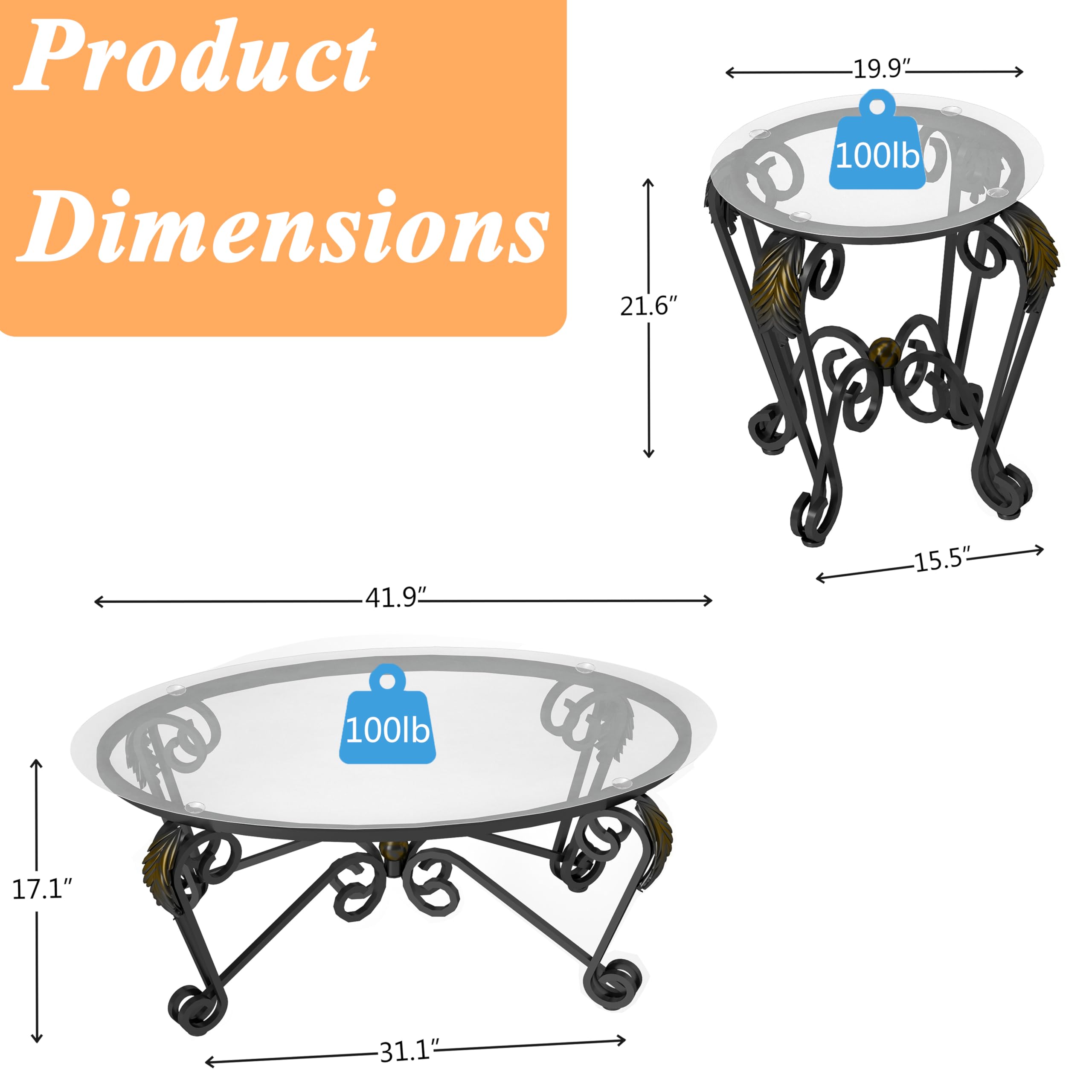 **Industrial Farmhouse 3-Piece Coffee Table Set - Tempered Glass Elliptical Coffee Table & 2 Round Side Tables, Modern Metal Frame for Living Room, Apartment, Home Office (Rustic Black) - Perfect for Cozy Gatherings & Stylish Home Decor**