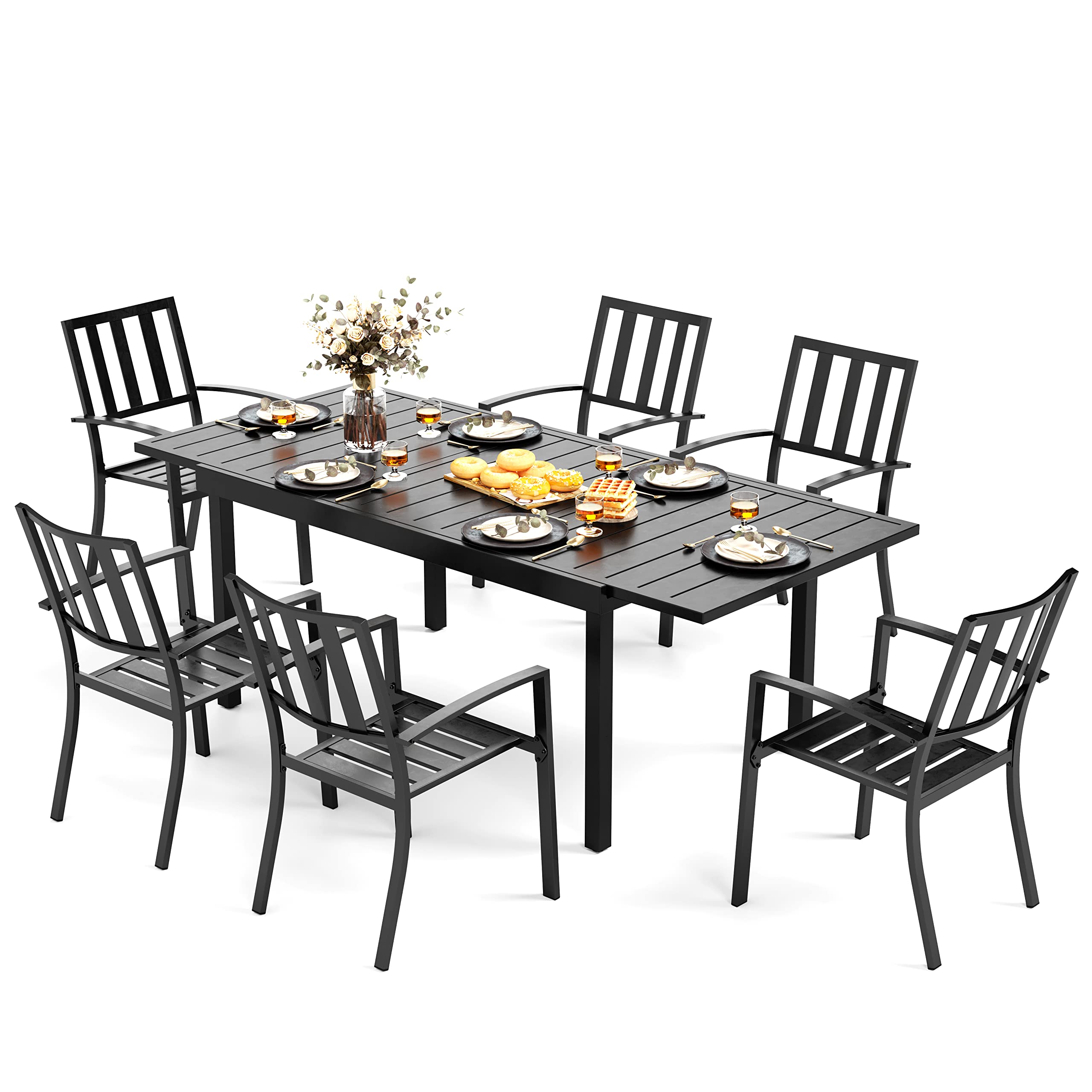 MFSTUDIO 7-Piece Outdoor Dining Set - Black Metal Patio Furniture with 6 Stackable Steel Chairs & 1 Expandable Rectangular Table - Perfect for Backyard, Garden, Porch, and Lawn Entertaining