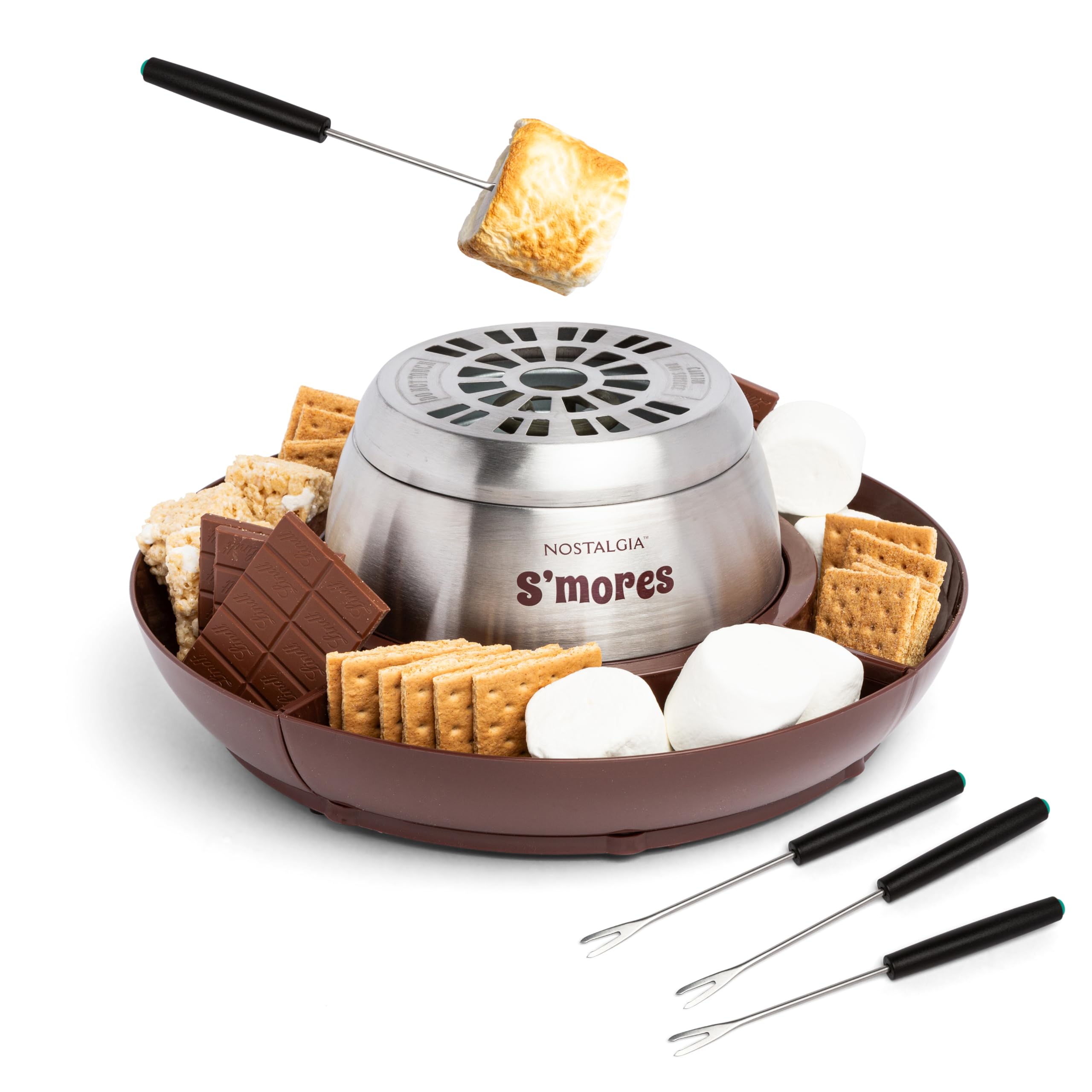 Nostalgia Indoor Electric S'Mores Maker - Stainless Steel Smores Machine with 4 Rotating Trays for Graham Crackers, Chocolate & Marshmallows - Includes 4 Roasting Forks - Perfect for Family Gatherings, Camping Parties & Cozy Winter Nights