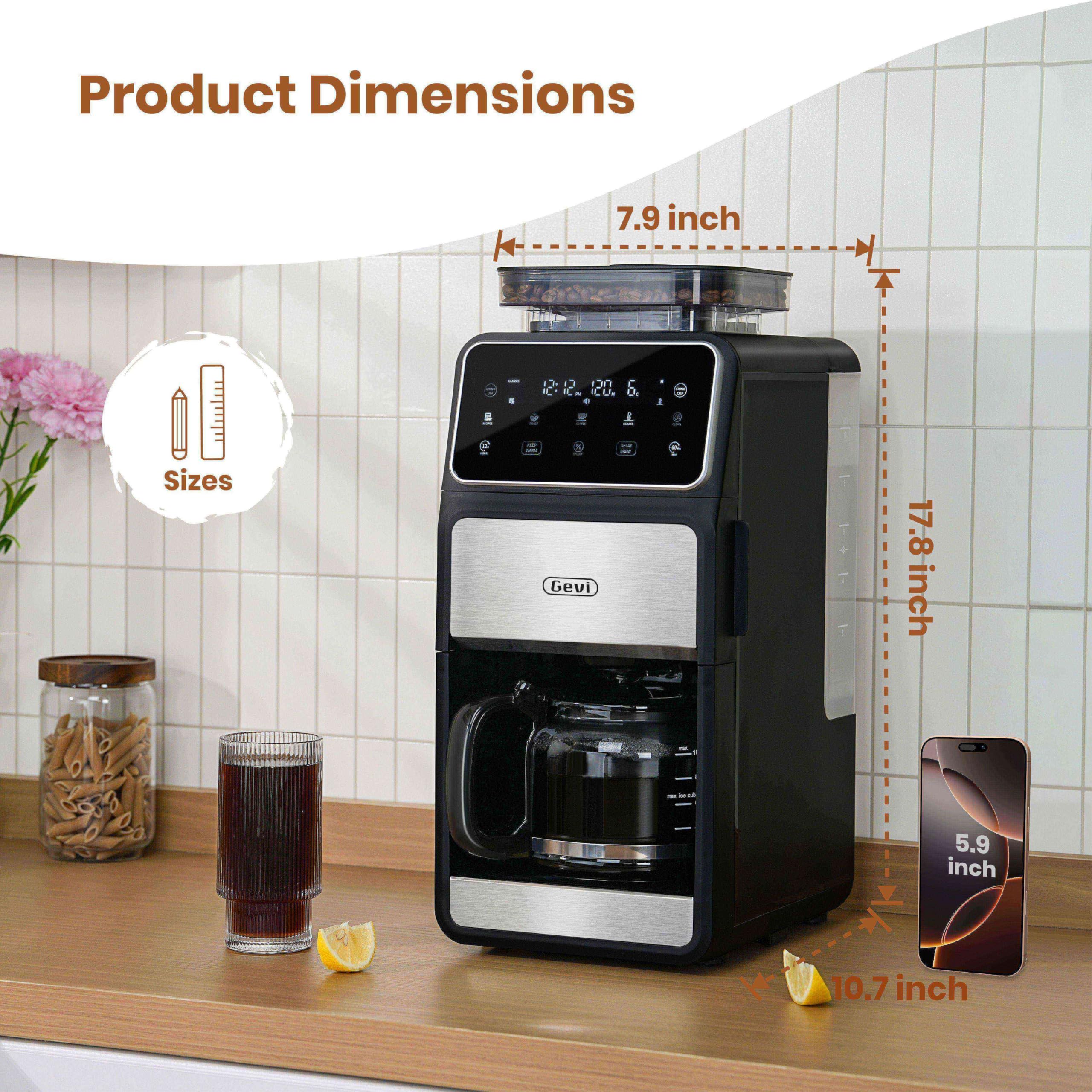 Gevi 10 Cup Drip Coffee Maker with Built-in Grinder - Programmable Burr Grind & Brew Coffee Machine with Touch Screen, 4-Hour Keep Warm Plate & Permanent Filter - Perfect for Home, Office or Restaurant Use