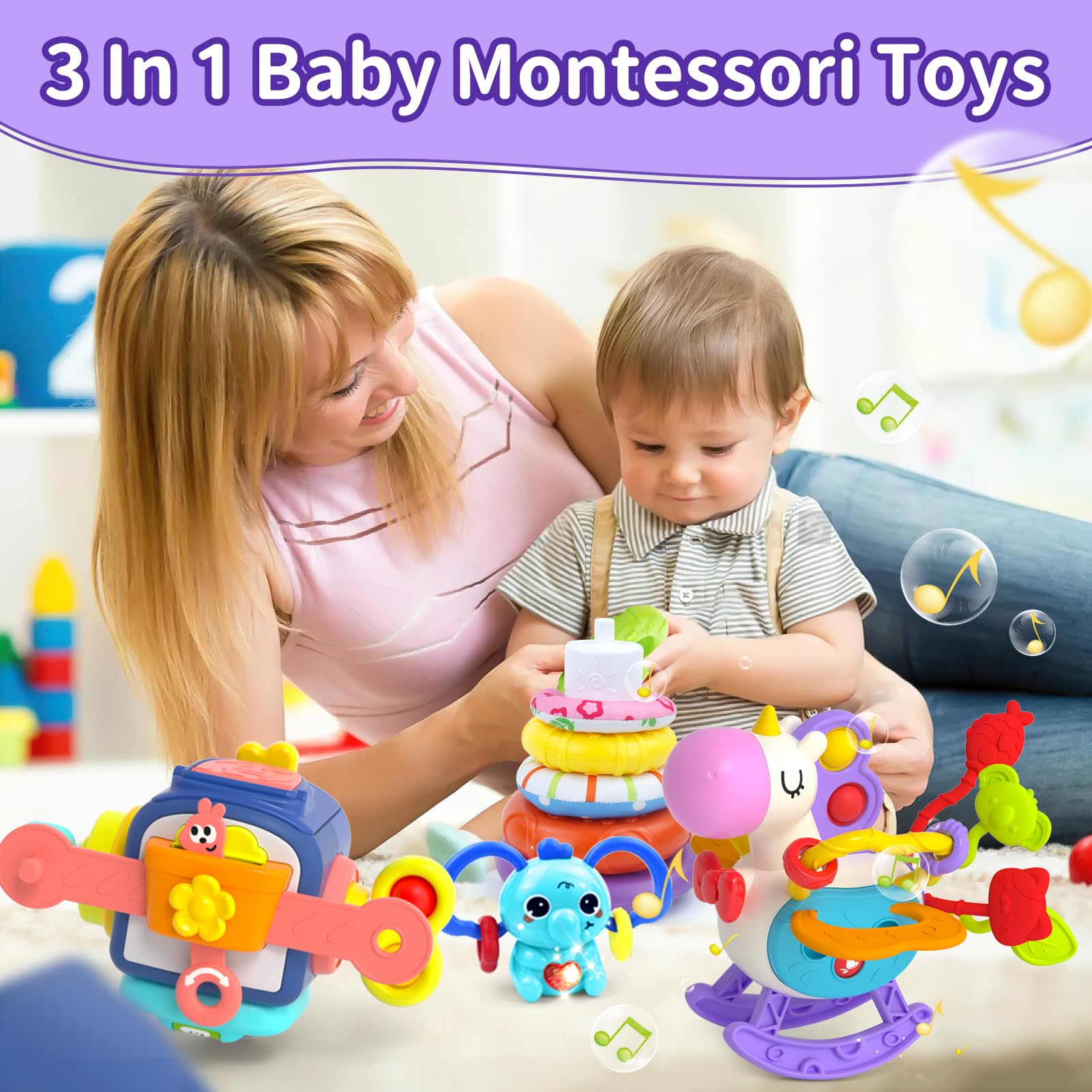 Montessori Toys for 1-3 Year Old Babies - Sensory Busy Board with Pull String Teether & Stacking Blocks - 3-in-1 Travel Learning Toy Gift for Toddlers Boys & Girls - Perfect for Airplane, Car Rides & Early Childhood Development