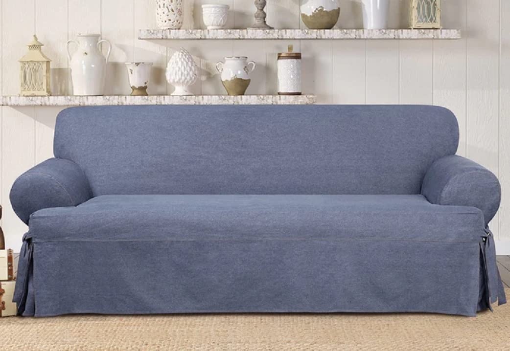 SureFit Authentic Denim One Piece Slipcover | T-Cushion Sofa Cover | Relaxed Woven Fit | 100% Cotton | Machine Washable | Perfect for Living Room, Family Room & Home Decor
