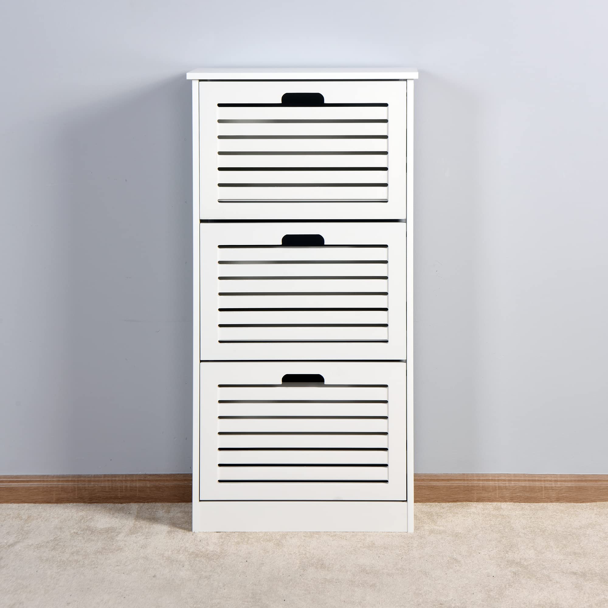 White Wooden Shoe Storage Cabinet with 3 Flip Doors - 20.94x9.45x43.11 Inch Entryway Organizer for Hallway, Bedroom & Closet - Space Saving Shoe Rack for Home & Apartment Organization