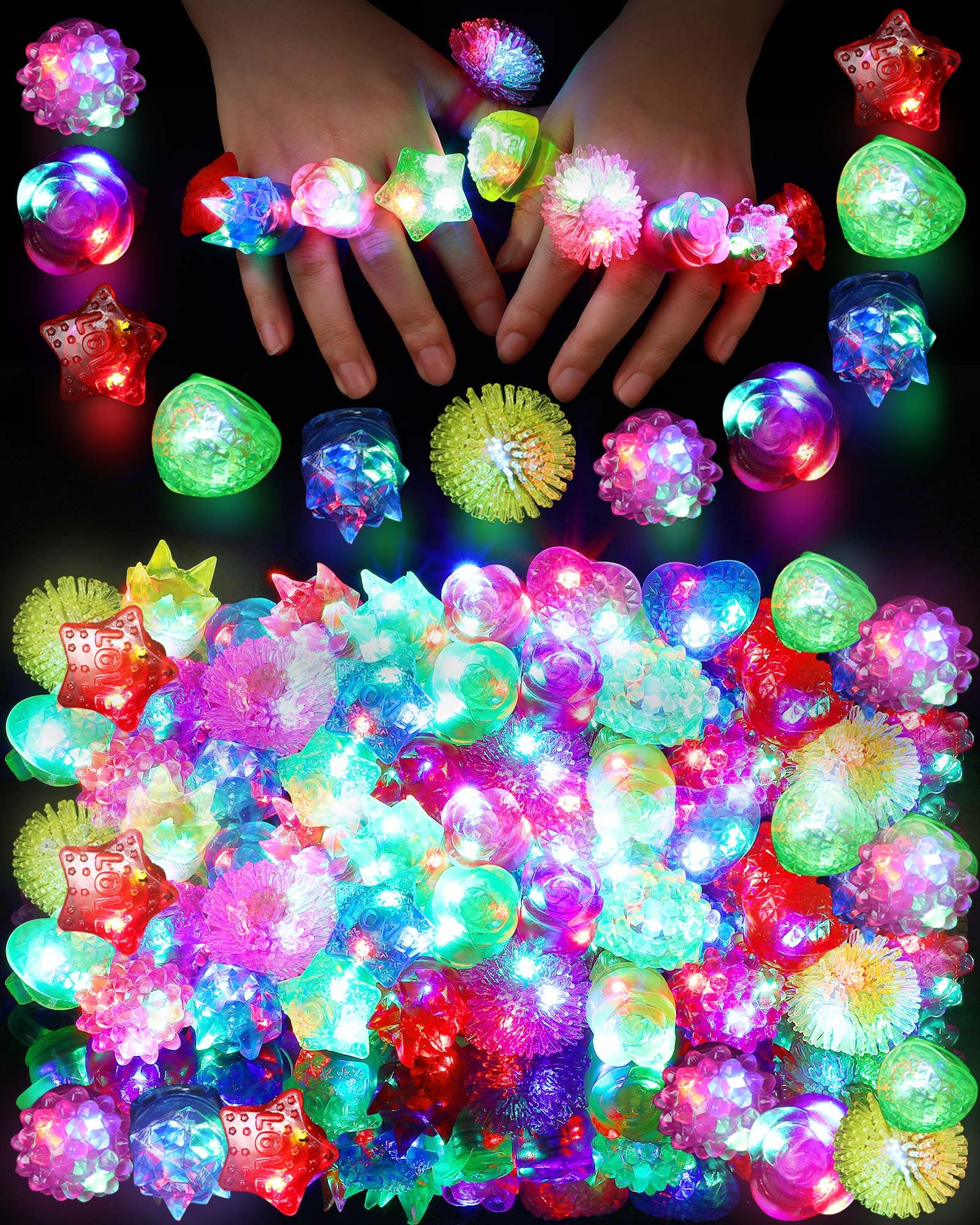 216-Piece LED Light Up Rings - 6 Styles Flashing Glow in Dark Party Rings, Bumpy Rubber Blinking Rings for Raves, Concerts, Halloween & Birthday Parties - Perfect Party Favors, Dance Accessories & Gift Ideas