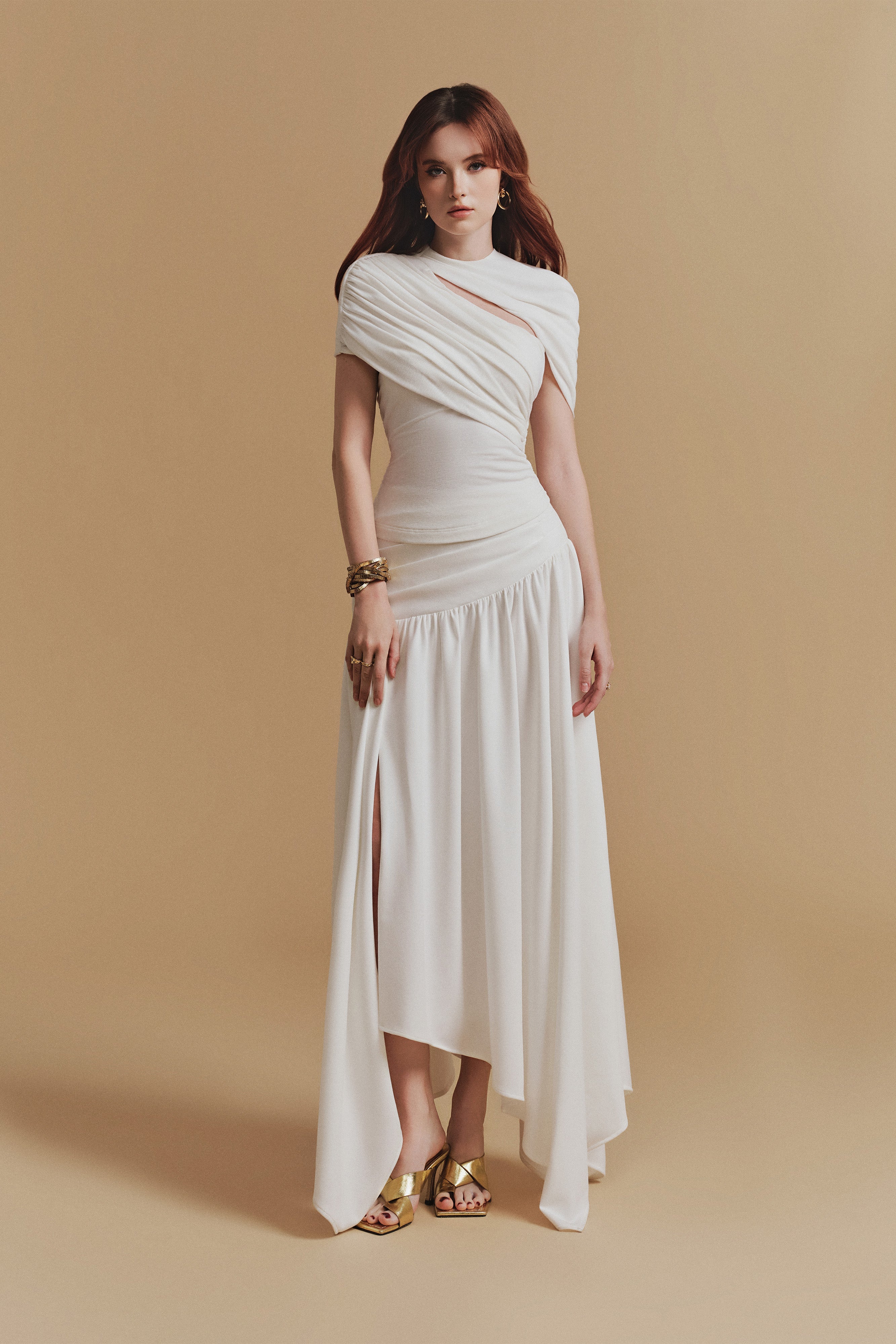 CASSIA Women's Asymmetrical Ruched Top and Midi Skirt Set in White | Elegant Two-Piece Outfit for Party, Date Night & Special Occasions