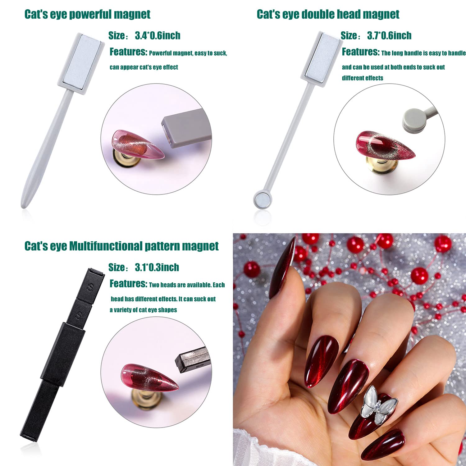 JERCLITY 9-Piece Nail Art Magnet Tool Set - Double Head Flower Design Magnetic Pens, 3D Cat Eye Gel Polish Magnet Sticks for UV Gel Nails, Multi-Function Magnetic Board for Professional Salon & DIY Nail Art at Home