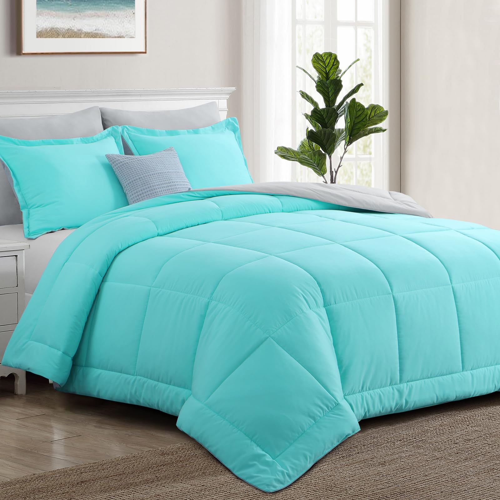 Aisbo Reversible Queen Comforter Set - 3-Piece Fluffy, Soft & Lightweight Down Alternative Comforter in Turquoise Gray | All-Season Bedding with 2 Reversible Pillow Shams | Perfect for Master Bedroom, Guest Room & Cozy Home Decor