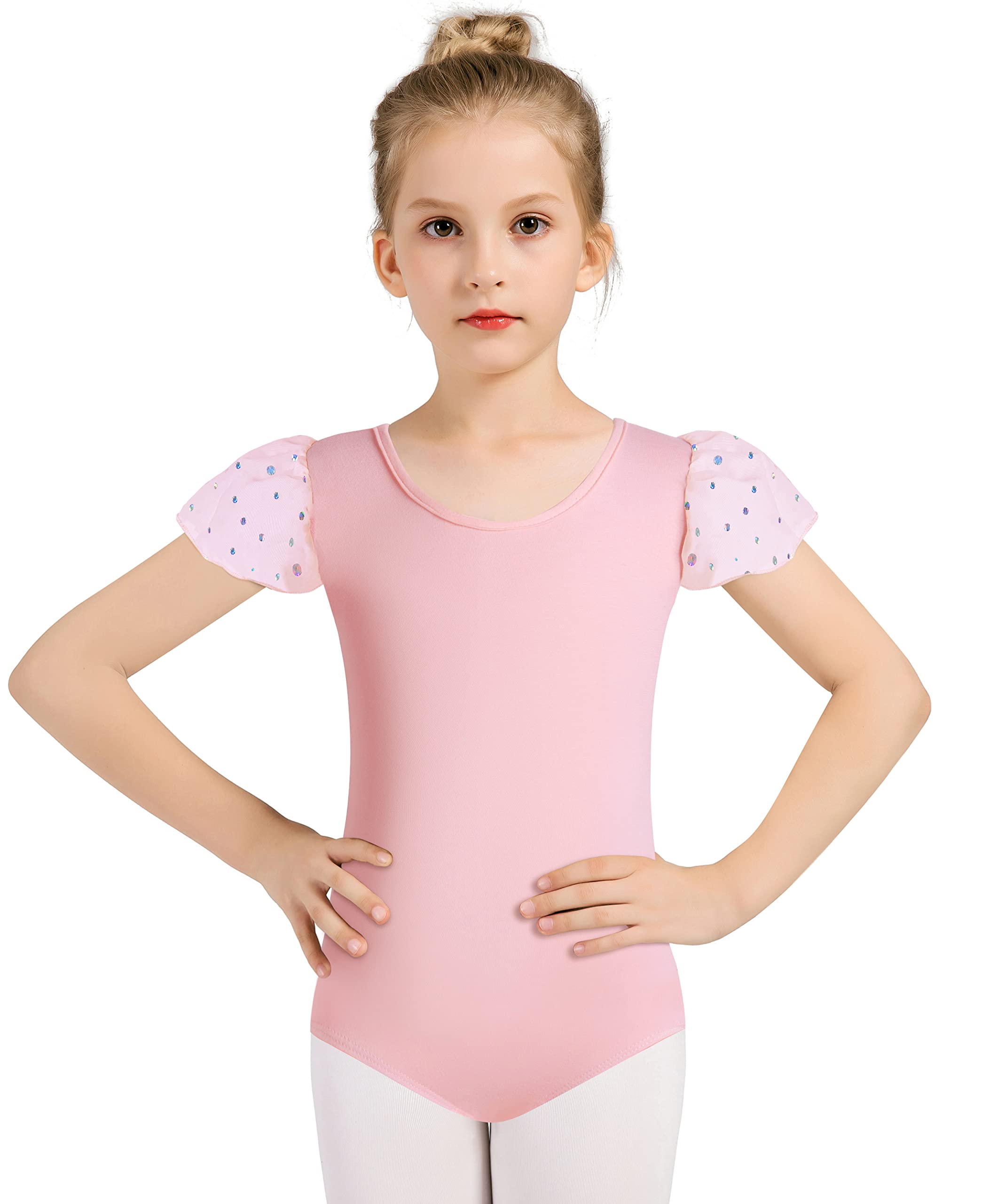 MOLLDAN Girls Ballet Leotard with Criss Cross Back - Short Sleeve Dance Leotards for Ballet, Jazz, Gymnastics & Performance - Comfortable Stretch Fabric for Kids Dance Class & Recital