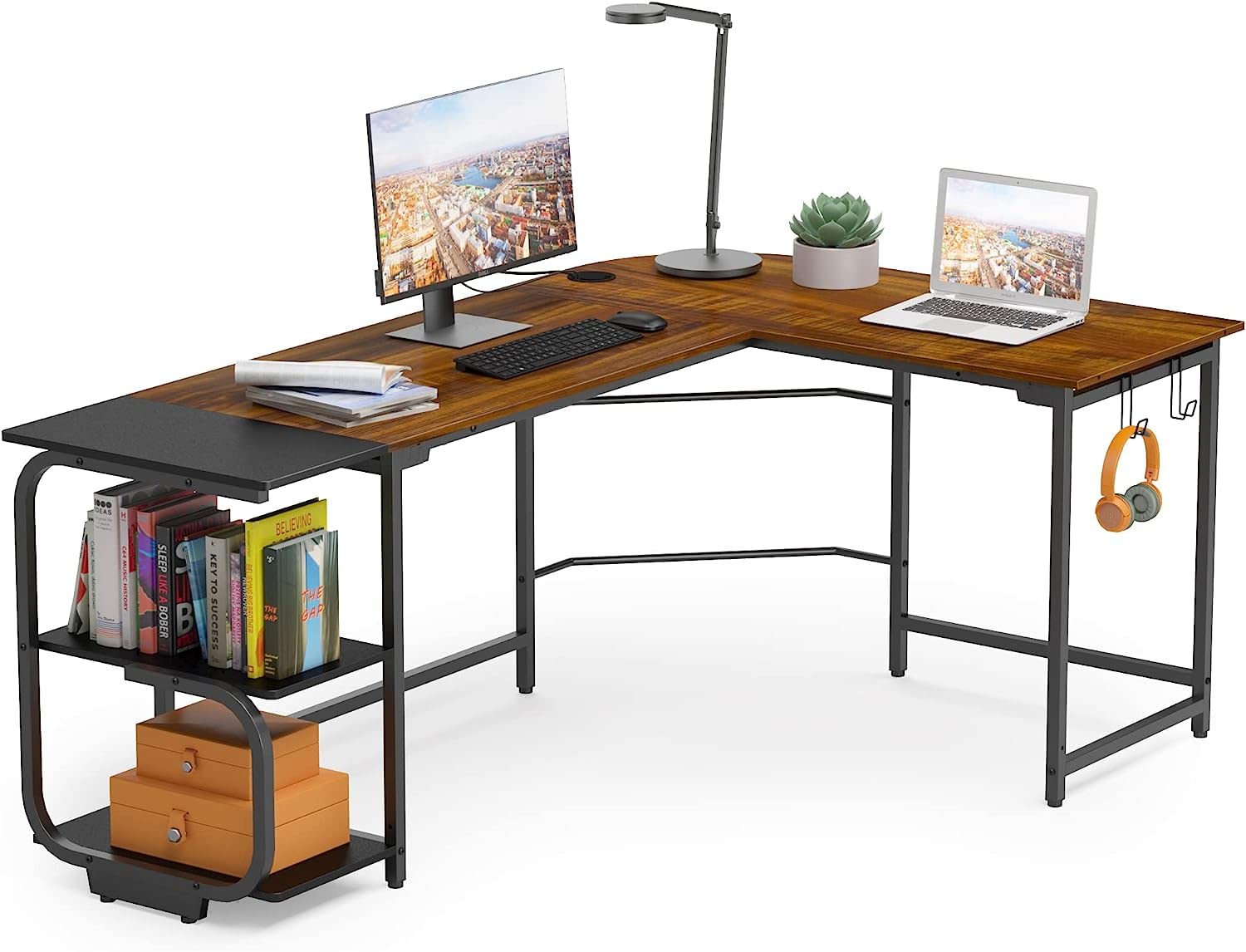 Modern Reversible L-Shaped Gaming Desk for Home Office & Study - Spacious Corner Computer Desk with Teak Finish - Perfect for Small Spaces, Gaming Setups & Workstations