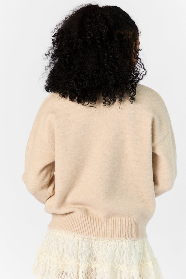 Peek A Bow Beige and Ivory Crew Neck Sweater for Women - Soft Knit Pullover Top for Fall & Winter - Casual Office Wear & Holiday Outfits