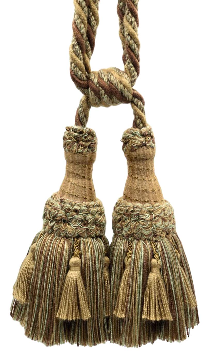DÉCOPRO 30-Inch Traditional Tie Double Chenille Brush Tassel Tieback Curtain Holdbacks - Set of 10 in Coastal Brown Multicolor (Chocolate Brown, Gold Beige, Light Blue) - Perfect for Coastal, Farmhouse & Boho Home Decor