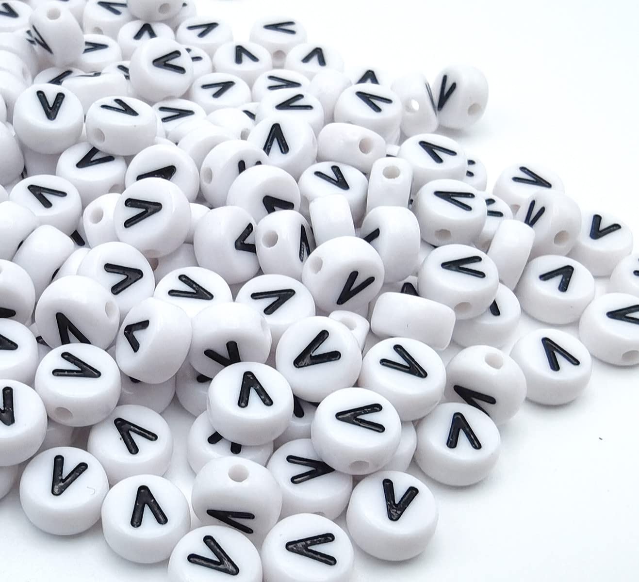 100PCS White Round Acrylic Alphabet Beads Letter V Beads - 4x7mm DIY Jewelry Making Supplies for Bracelets, Necklaces, Keychains - Perfect for Crafting, Personalized Gifts & Scrapbooking Projects