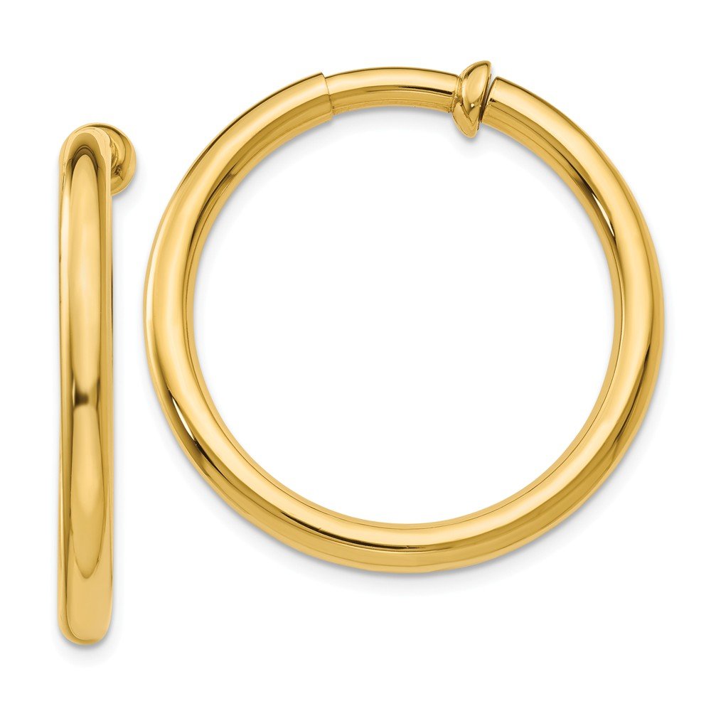 14K Yellow Gold Non-Pierced Hoop Earrings - 25mm x 3mm Clip-On Huggie Earrings for Women, Girls | Perfect for Weddings, Parties & Everyday Wear