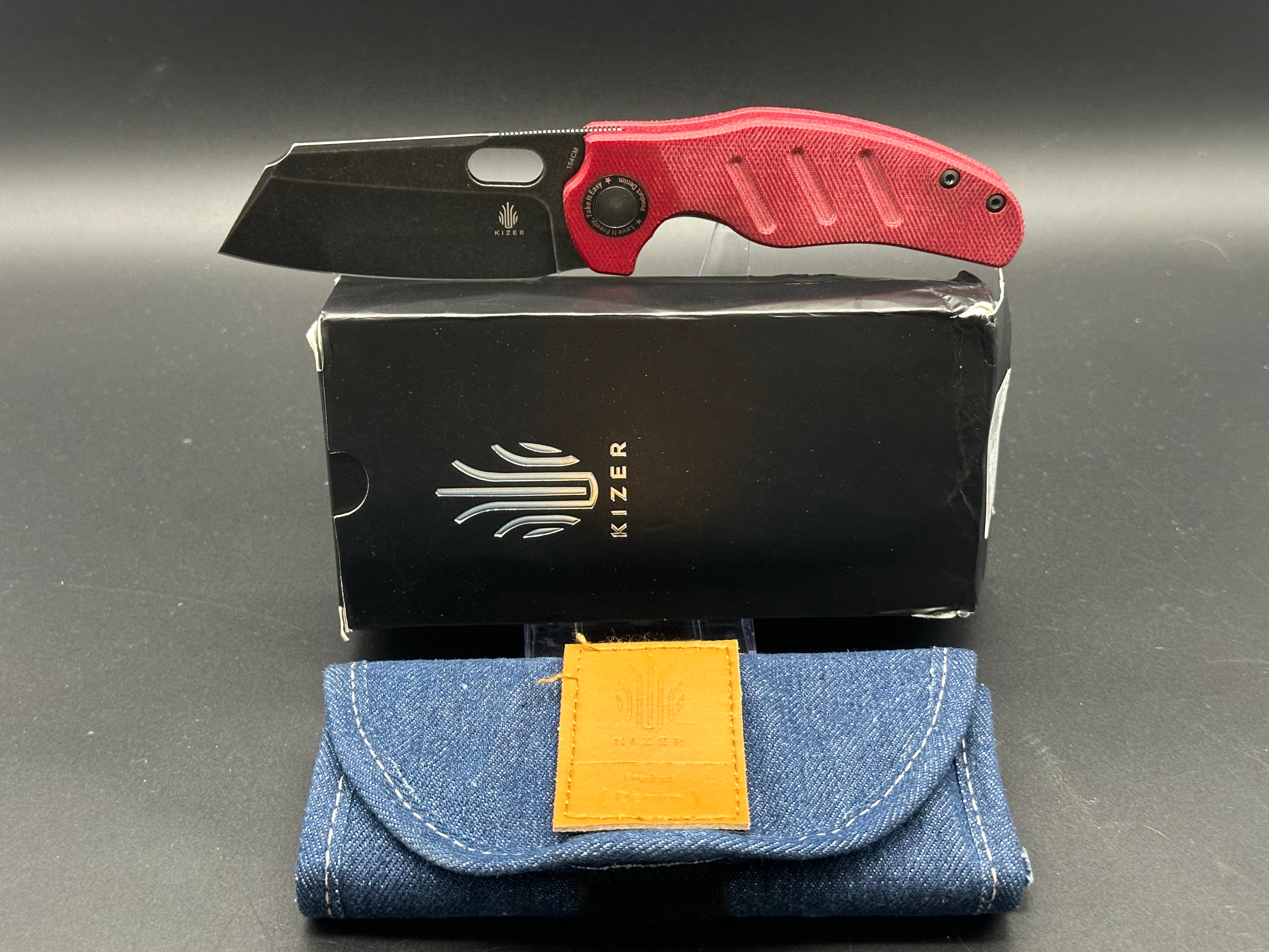 Kizer C01C Sheepdog Folding Knife - Red Denim Micarta Handle, 3.29