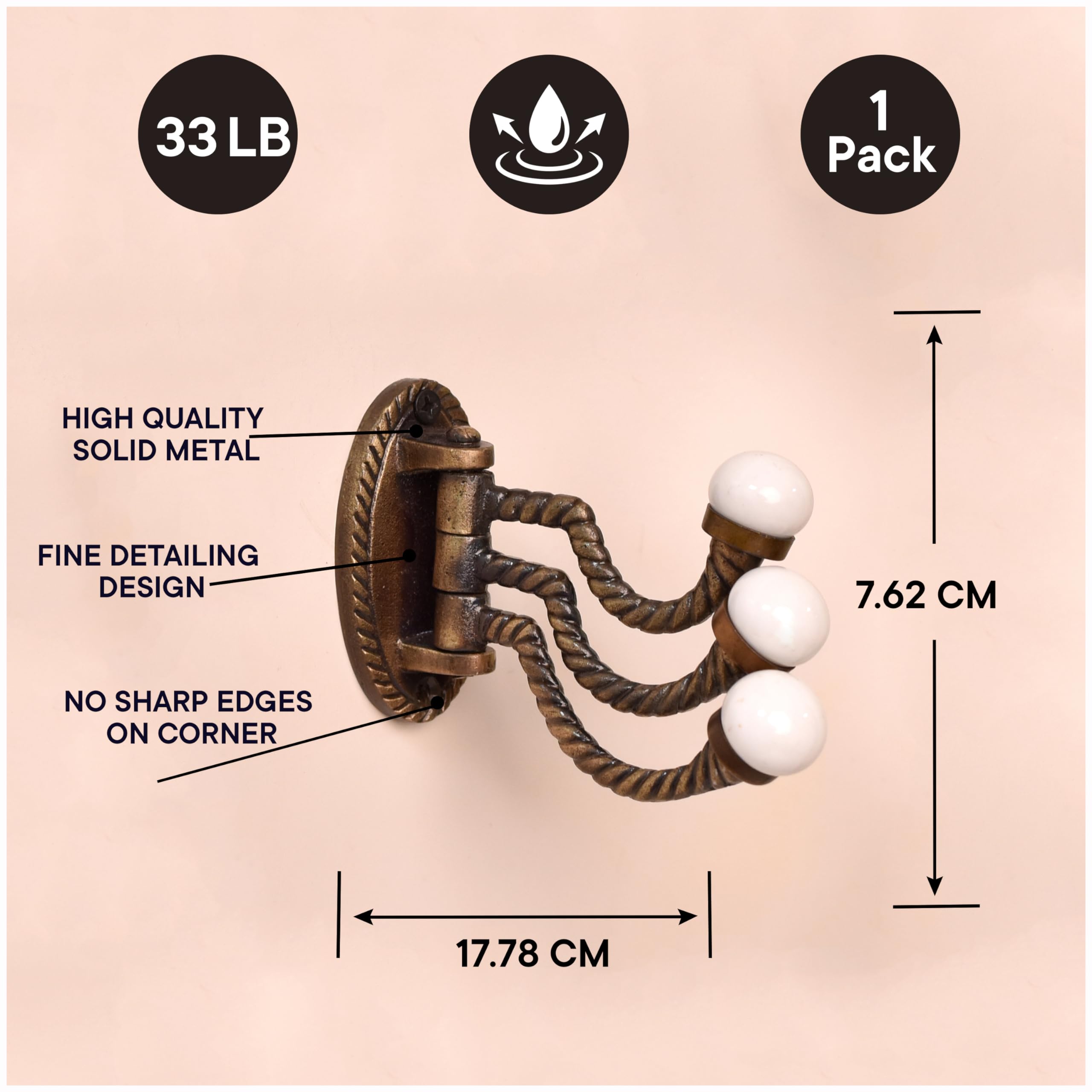 Vintage Iron & Ceramic Swivel Wall Hooks - 3-Prong Foldable Coat Hangers for Towels, Robes & Jackets | Antique-Style Space-Saving Solution for Bathroom, Bedroom & Entryway Organization