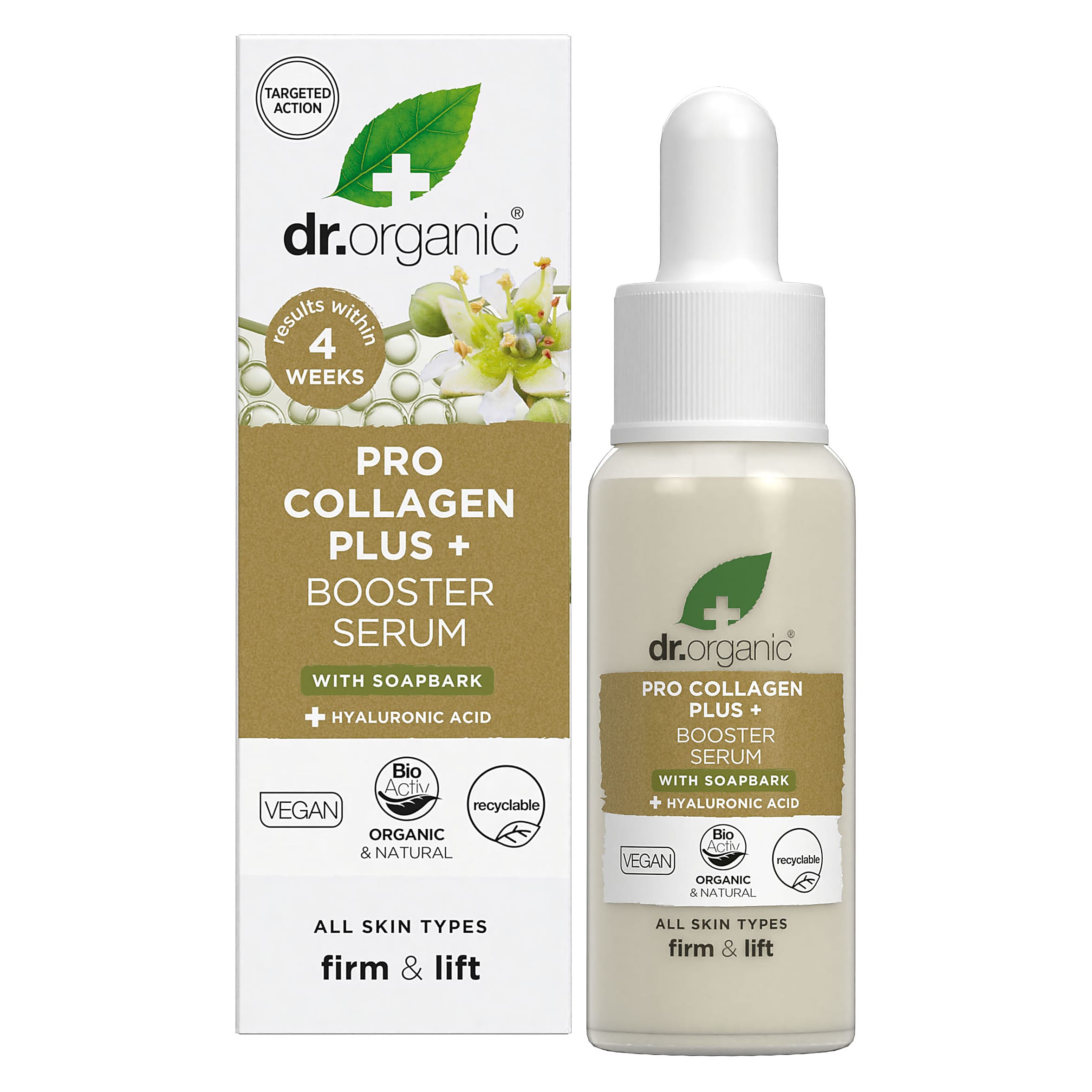 Dr Organic Pro Collagen Plus+ Booster Serum with Soapbark - Anti-Aging Face Serum for Wrinkles & Fine Lines - Hydrating & Firming Skincare for Daily Use at Home or Travel