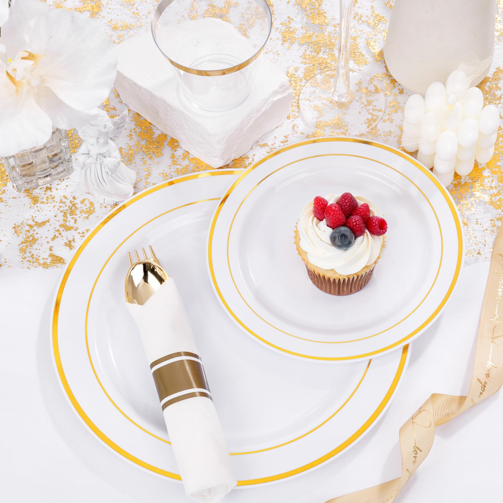 WELLIFE 350-Piece Gold Disposable Plates and Cutlery Set - Premium 10.25