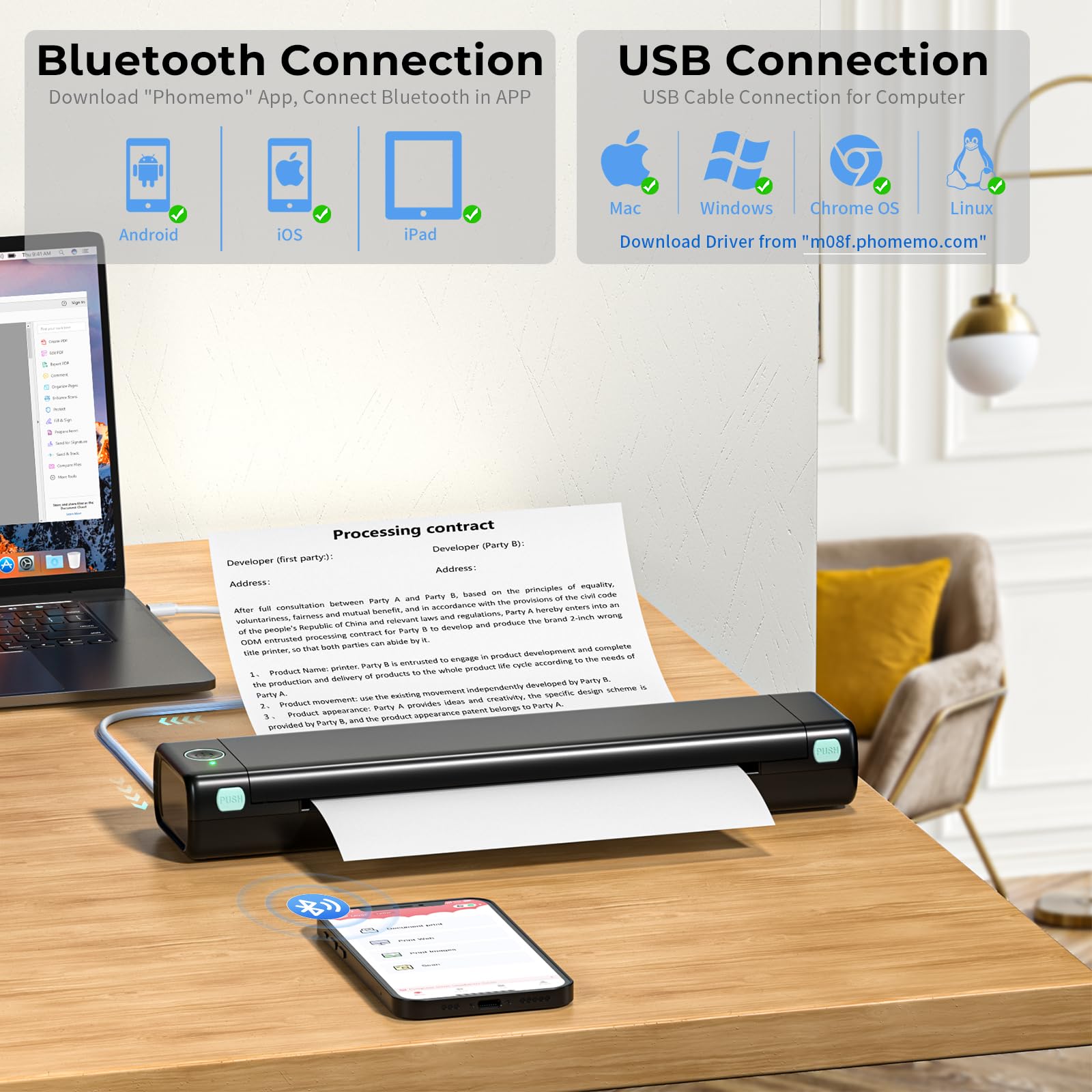 Phomemo M08F Wireless Thermal Portable Printer - Bluetooth Compact Inkless Printer for Travel & Home Use, Supports 8.5