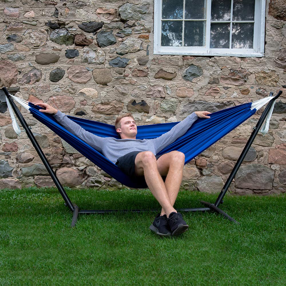 Vivere Double Hammock with Space-Saving Steel Stand & Carry Bag - 450 lb Capacity, Royal Blue - Perfect for Backyard, Camping, Beach & Outdoor Relaxation