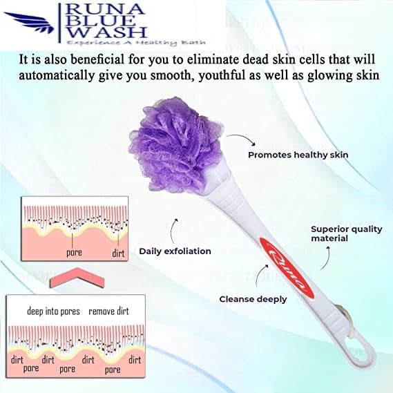Runa Blue Wash Bath Brush for Body & Back - Soft Nylon Net Loofah Scrubber with Handle for Shower & Exfoliation - Pack of 2 (Purple Blue) - Perfect for Spa, Dry Brushing & Sensitive Skin Care
