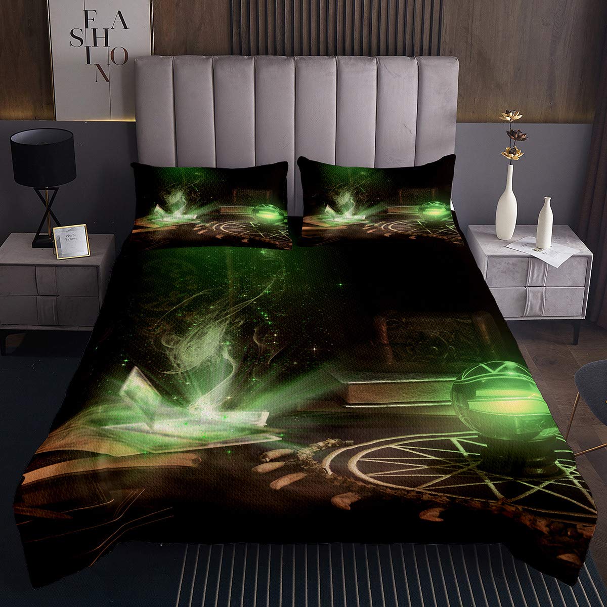 Magic Quilted Coverlet Set - Green Lights King Size, Soft Polyester for Bedroom Decor