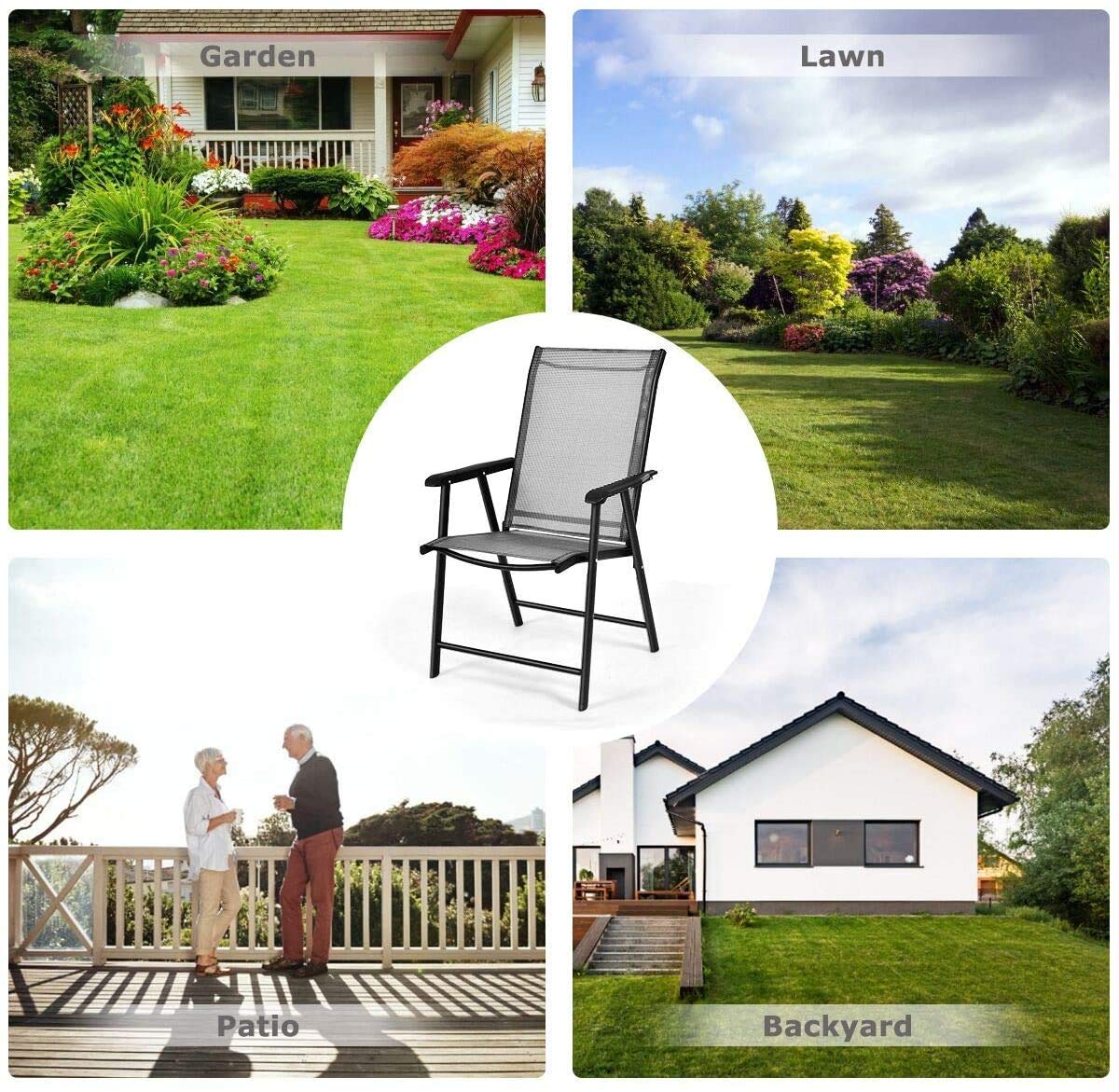 Foldable Patio Chairs Set of 4 - Portable Indoor & Outdoor Lounge Chairs with Armrests & Footrest - Durable Metal Frame & Breathable Fabric for Dining, Lawn, Garden, Backyard, Poolside - Perfect for Relaxing, Sunbathing & Outdoor Entertaining