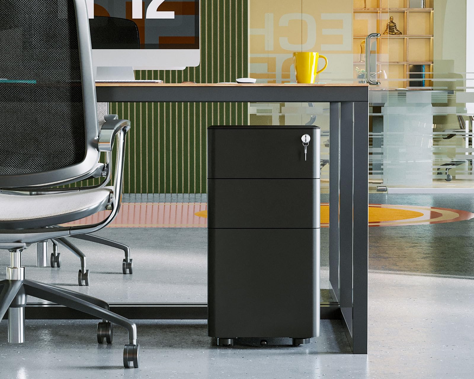 AODK 3-Drawer Rolling File Cabinet with Lock - Fully Assembled Mobile Storage for A4, Legal & Letter Files - Black - Perfect for Home Office, Small Business & Workspace Organization
