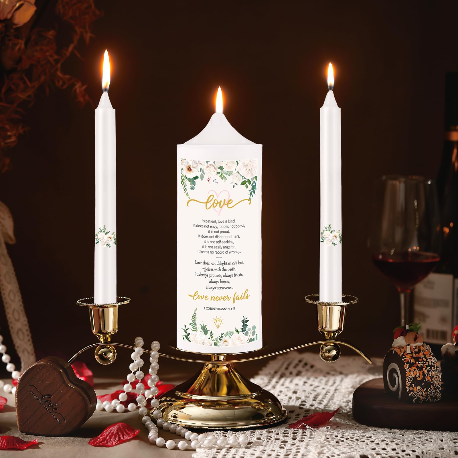 Landhoow Floral Wedding Candles Set - Golden Holder, White Pillar & Taper Candles for Catholic Ceremonies & Anniversaries