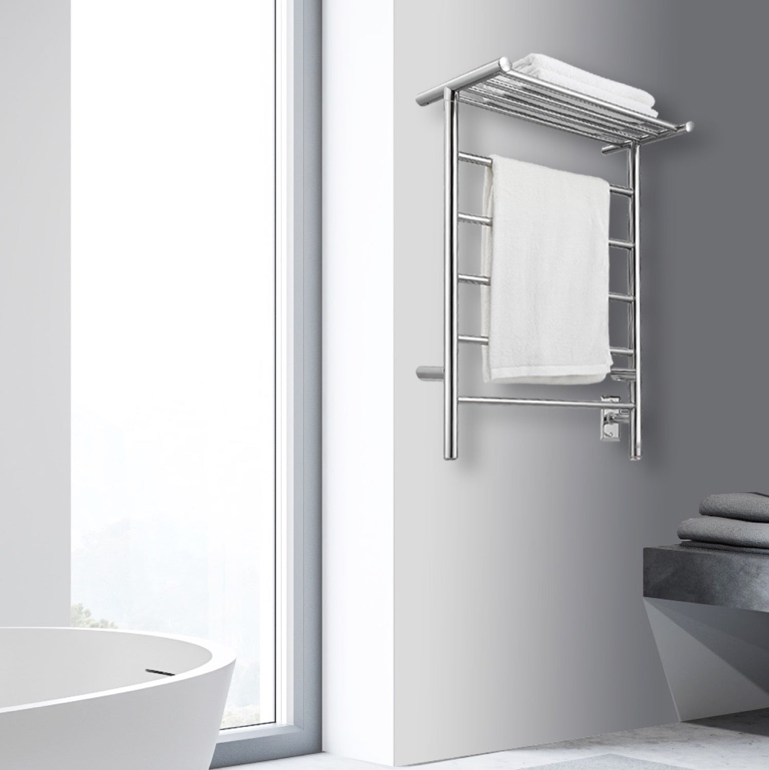 Miazzo 5 Bar Electric Wall Mounted Towel Warmer with Shelf - Plug In or Hardwire Installation - Polished Stainless Steel - Perfect for Bathrooms, Spas & Luxury Homes