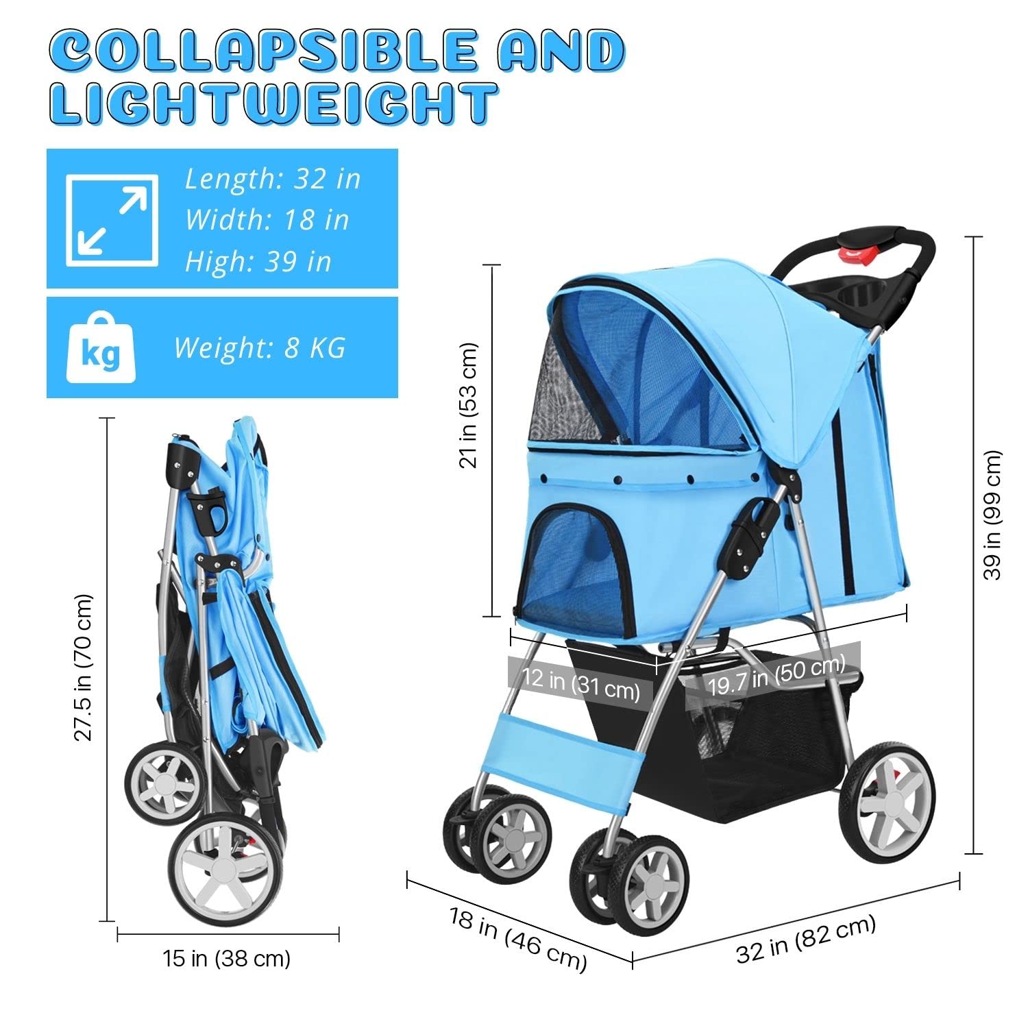 Premium Pet Stroller for Dogs & Cats - 4-Wheel Folding Carrier for Small Animals up to 30lbs, Breathable Mesh & Sunshade - Perfect for Jogging, Walking & Travel (Blue) | Ideal for Park Visits, Vet Trips & Outdoor Adventures