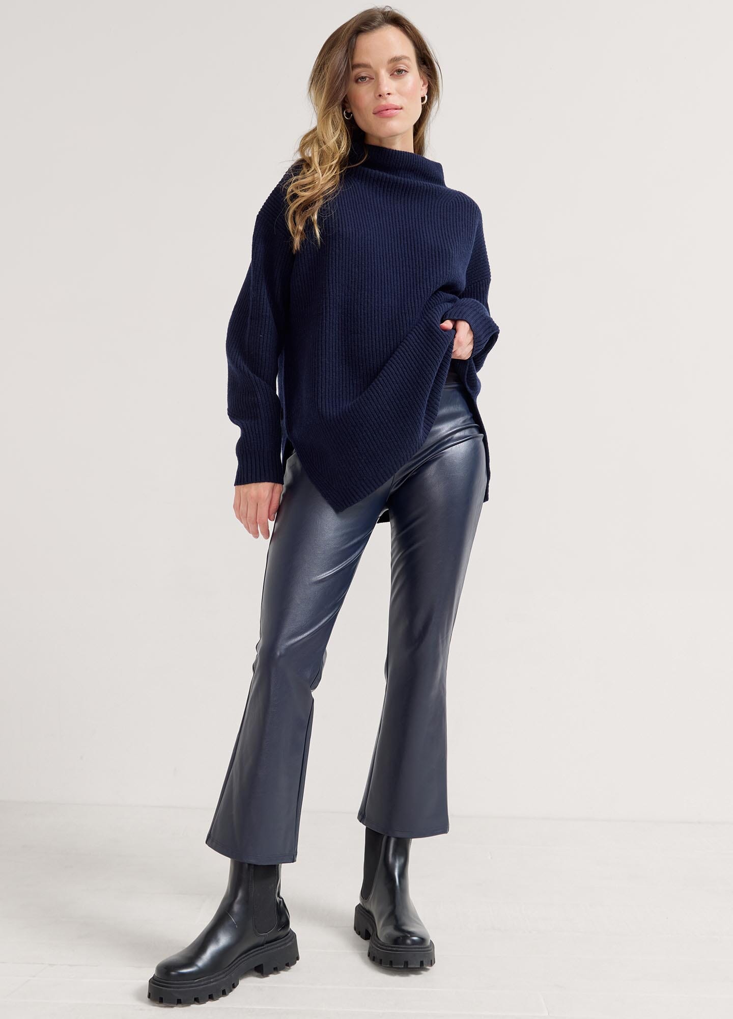 Vegan Stretch Leather Crop Flare Pants - Women's High Waisted Faux Leather Trousers for Casual Wear & Night Out