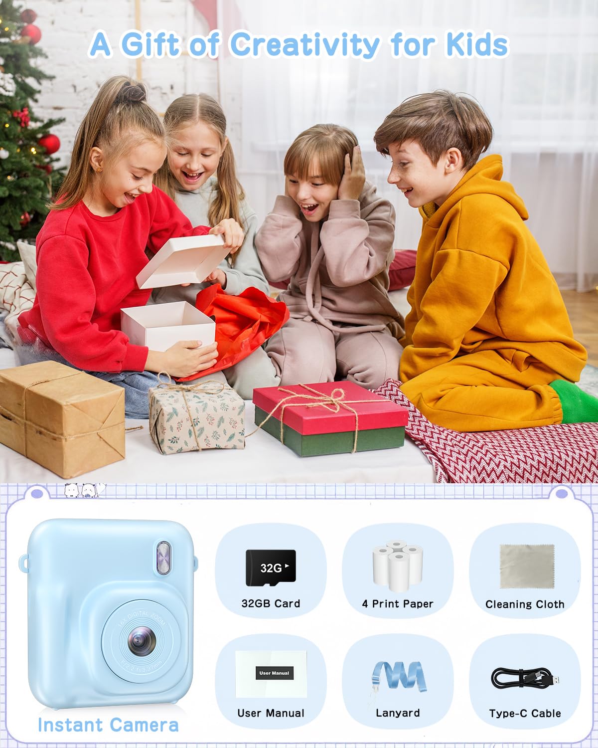 Instant Print Kids Camera - Dual-Lens 48MP Digital Camera with Selfie Function & 32GB Card | Christmas Birthday Gift for Boys Girls Ages 4-10 | Includes Print Paper | Fun Toddler Toy for Travel, Parties & Creative Play (Blue)