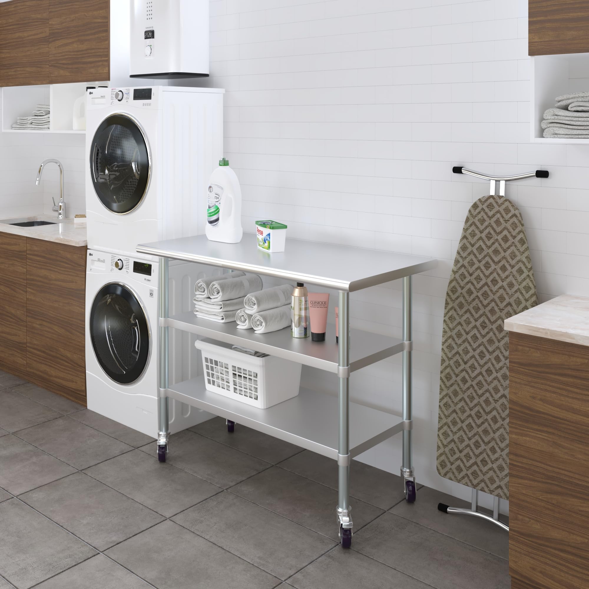 AmGood Stainless Steel Work Table with 2 Shelves & Wheels | Heavy Duty Metal Utility Table for Kitchen, Garage, Workshop (48