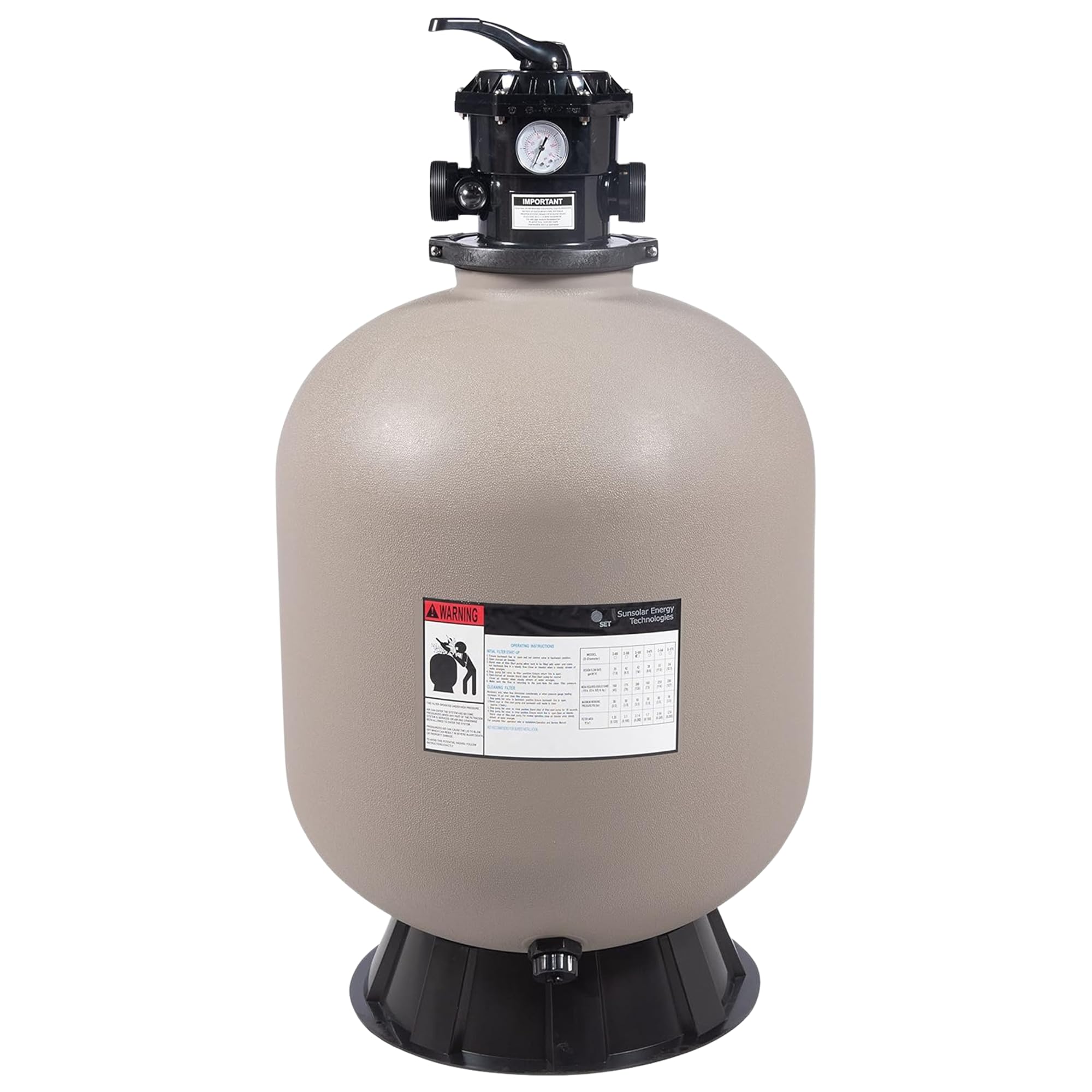 SUNSOLAR 24-Inch Swimming Pool Sand Filter — Corrosion-Proof Pool Cleaning System with 300 lbs Sand Capacity — Efficient Water Filter for Removing Debris — Perfect for Inground & Above Ground Pools — Ideal for Backyard, Resort, and Community Pool Maintenance