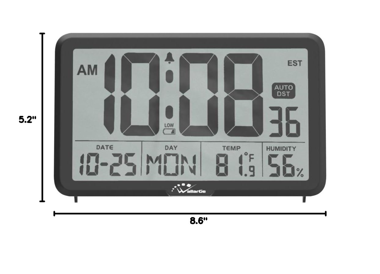 WallarGe Auto Set Digital Wall Clock - Large Display with Temperature, Humidity & Date - Battery Operated Desk Clock for Elderly, Bedroom & Office - 8 Time Zones & Auto DST - Perfect for Home, Office & Travel Use