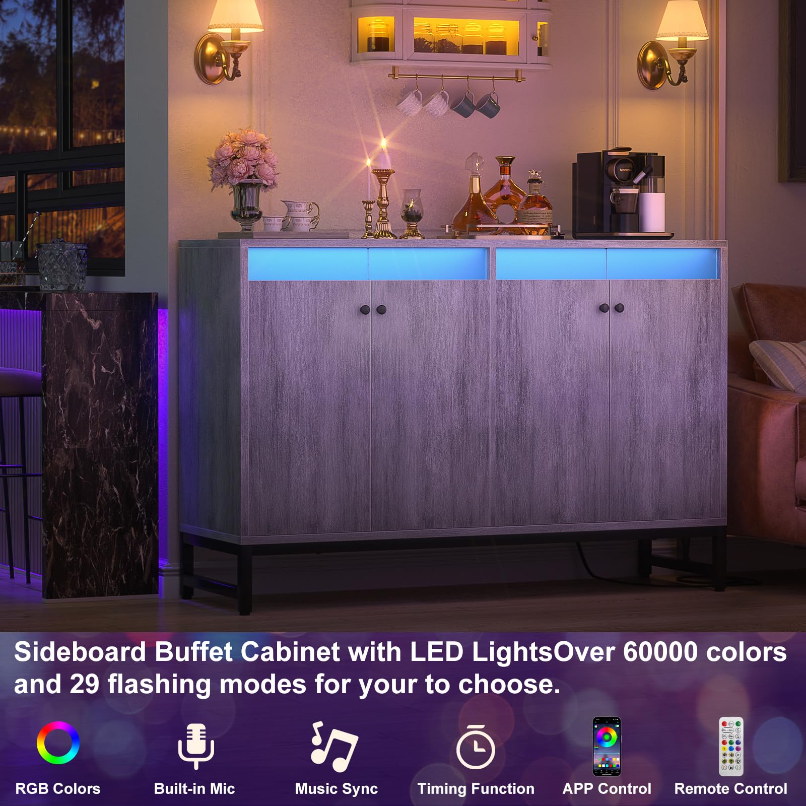 Aheaplus Modern Sideboard Buffet Cabinet with Built-in Power Outlet & LED Lighting - Kitchen Storage Cabinet with Doors - White Oak Accent Cupboard for Dining Room, Living Room, Hallway - Perfect for Entertaining Guests & Stylish Home Organization