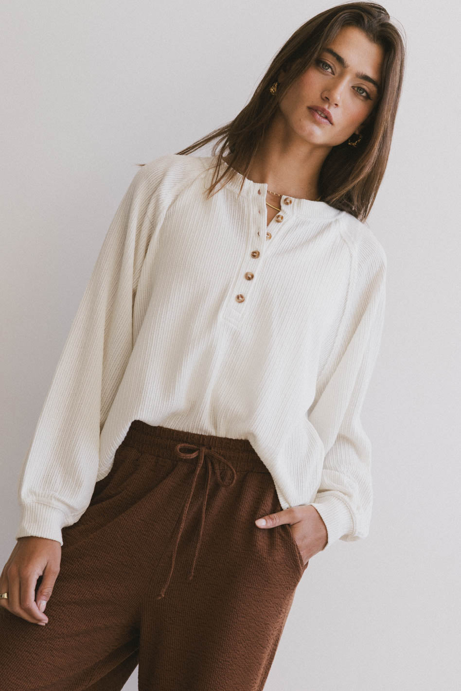 Kami Henley Top in Oatmeal - Women's Casual Knit Blouse | Perfect for Work, Date Night & Everyday Wear - FINAL SALE