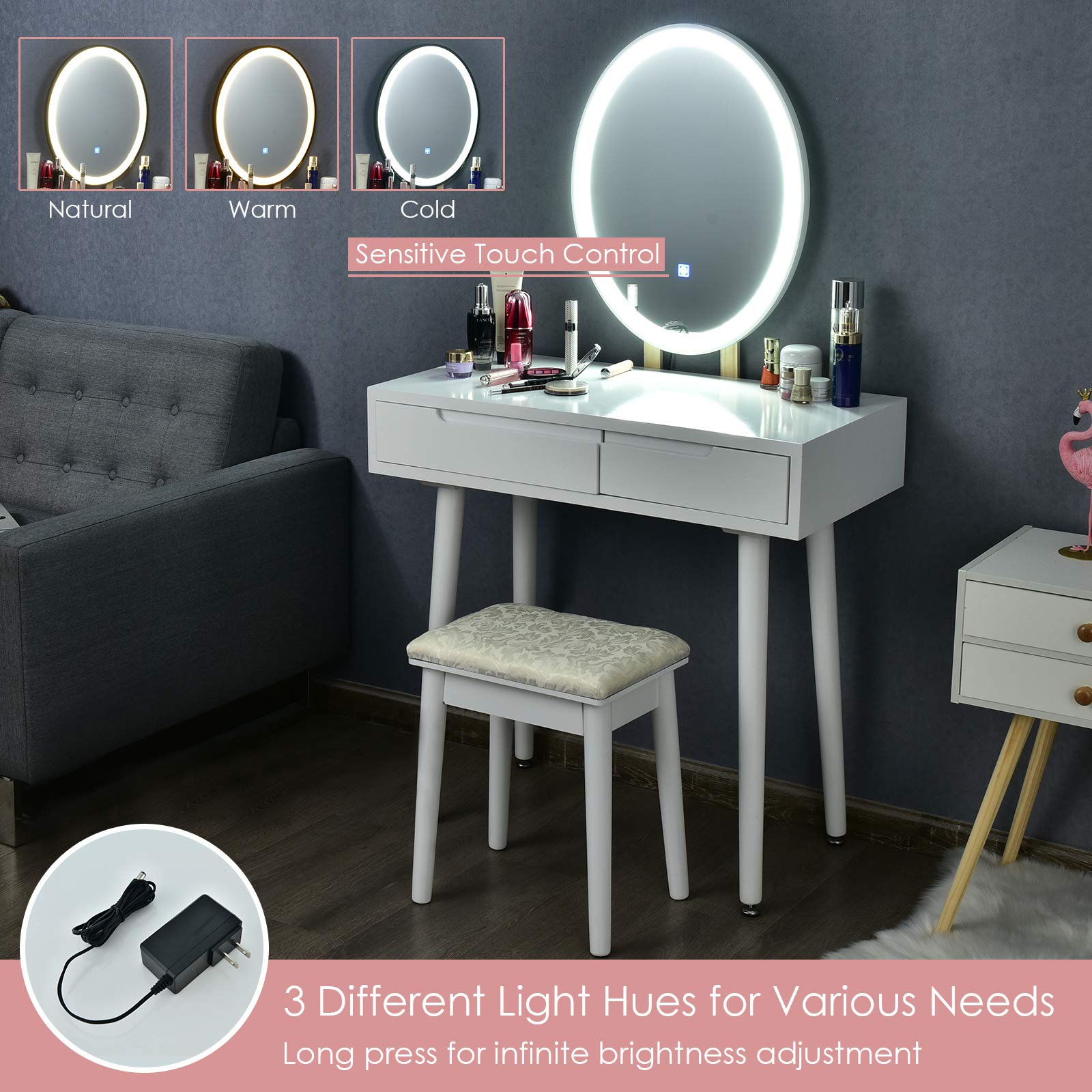 Charmaid Vanity Set with LED Lighted Mirror - 3 Adjustable Brightness Modes, Makeup Dressing Table with Cushioned Stool & 2 Sliding Drawers - Modern Bedroom Vanity for Women & Girls (White) - Perfect for Makeup Application, Skincare Routine & Home Decor