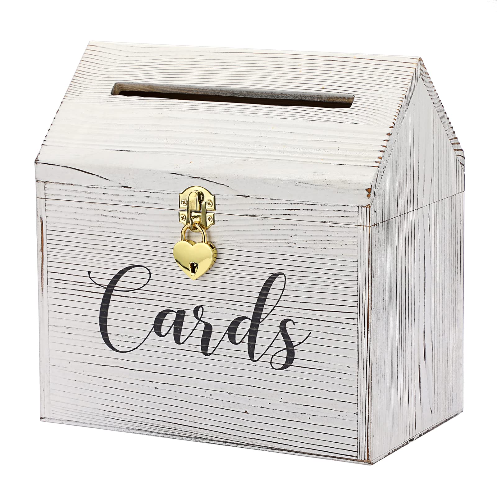SUMNACON Vintage Wooden Wedding Card Box with Heart Lock - Rustic Roof Design for Birthday, Anniversary & Reception - Elegant Gift & Envelope Holder for Wedding Parties, Bridal Showers & Special Events (White)