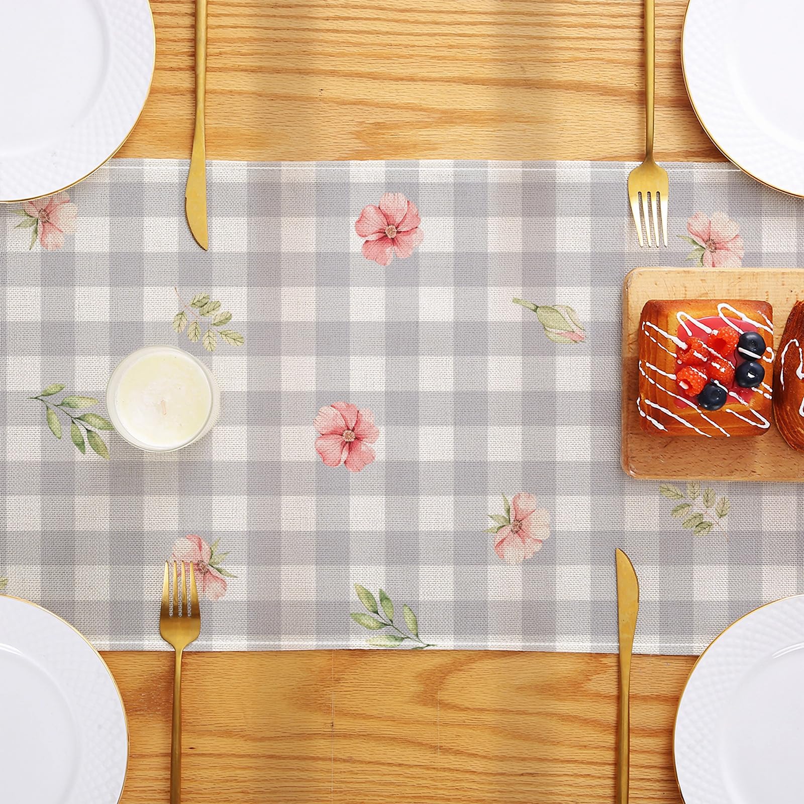 Easter Table Runner 72 Inches Long - Bunny Rabbit & Floral Pink Buffalo Plaid Design for Spring Summer Holiday Decorations - Perfect for Easter Dining Table, Buffet Decor, and Seasonal Home Decor (12x72 Inches)