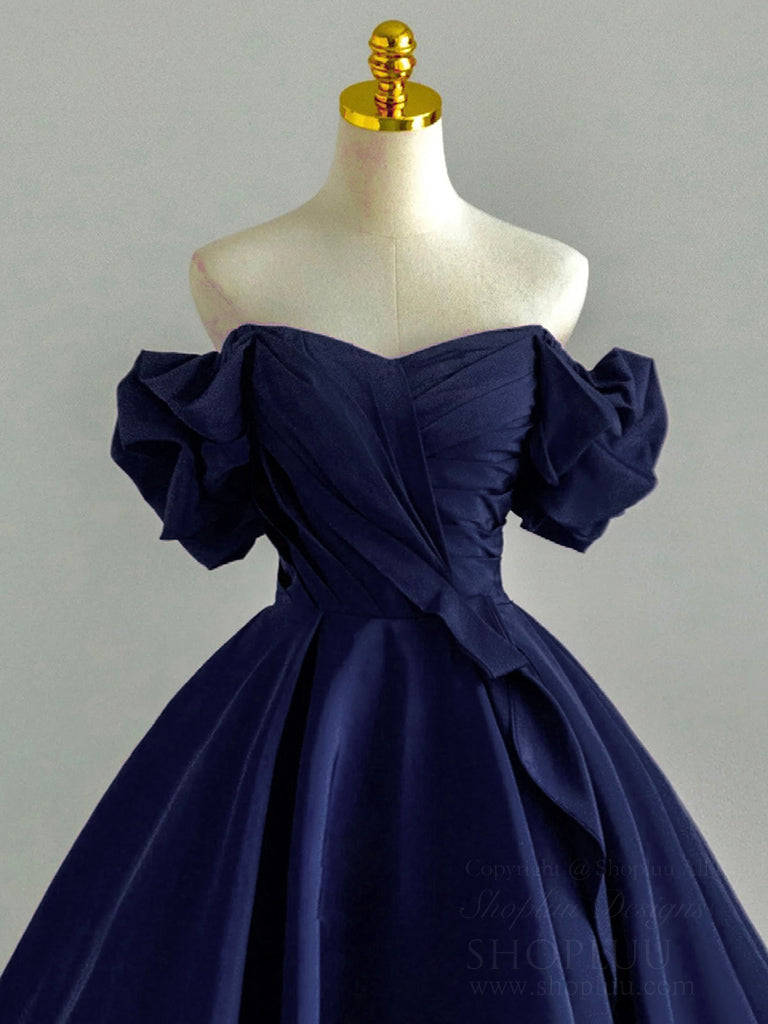 Elegant A-Line Off-Shoulder Satin Dark Blue Long Prom Dress - Formal Evening Gown for Homecoming, Ball & Special Occasions