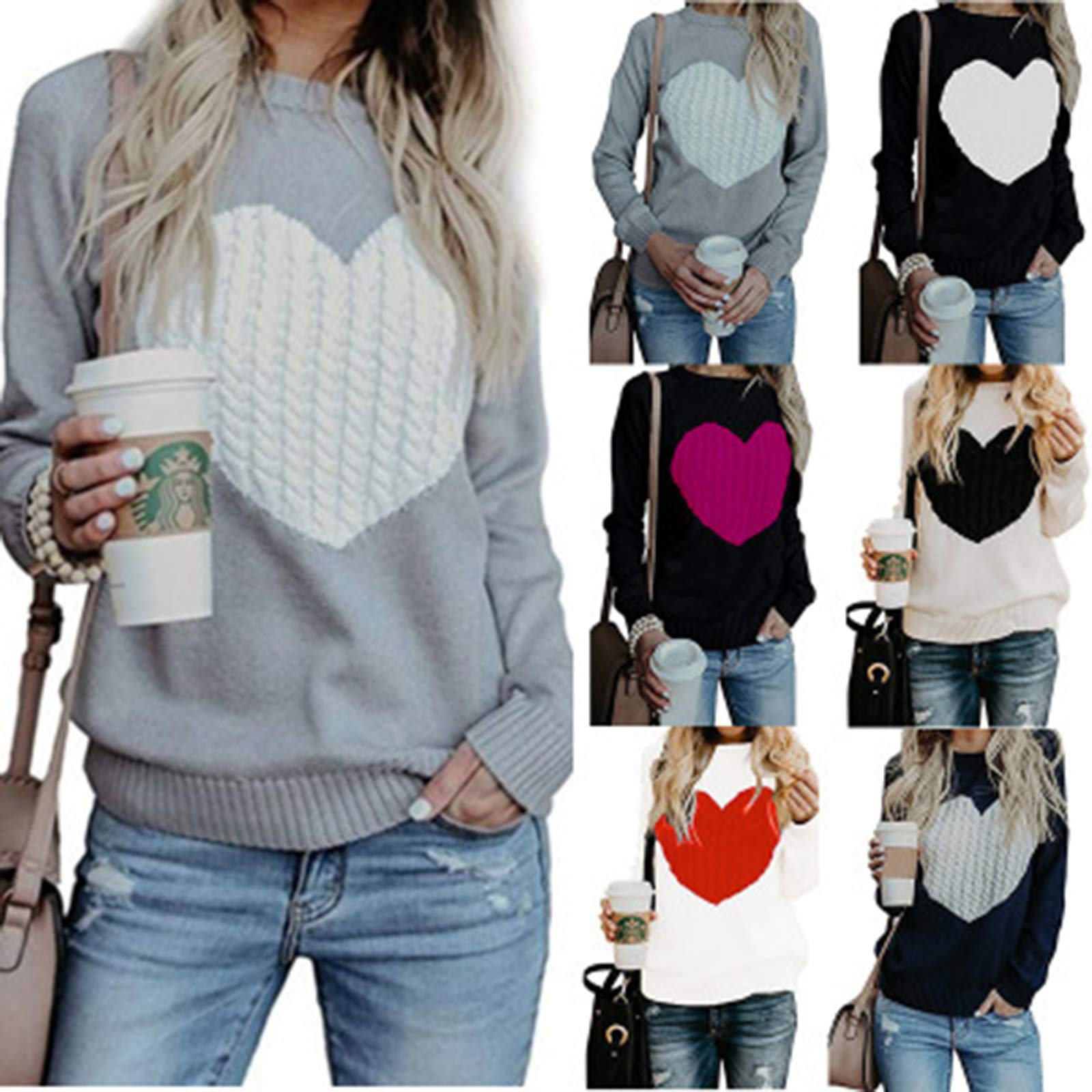 CORIRESHA Women's Cute Heart Love Pullover Sweater - Patchwork Long Sleeve Knitted Jumper Tops for Casual Wear, Date Night & Winter Fashion