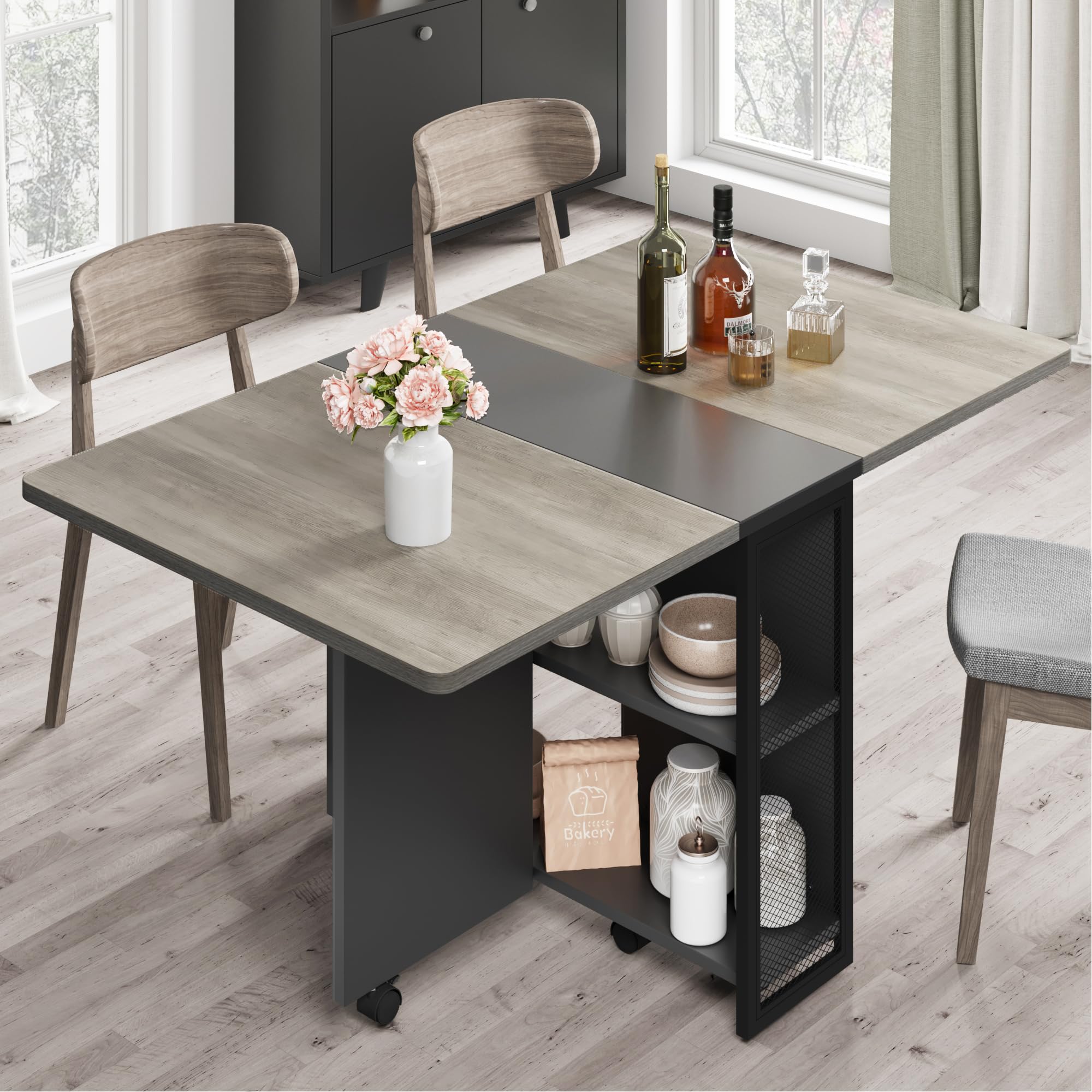 Space Saving Folding Dining Table with 2 Storage Racks - Drop Leaf Extendable Kitchen Table for Small Spaces, Collapsible Office Desk - Perfect for Apartments, Dorms, Tiny Homes & Compact Living Areas