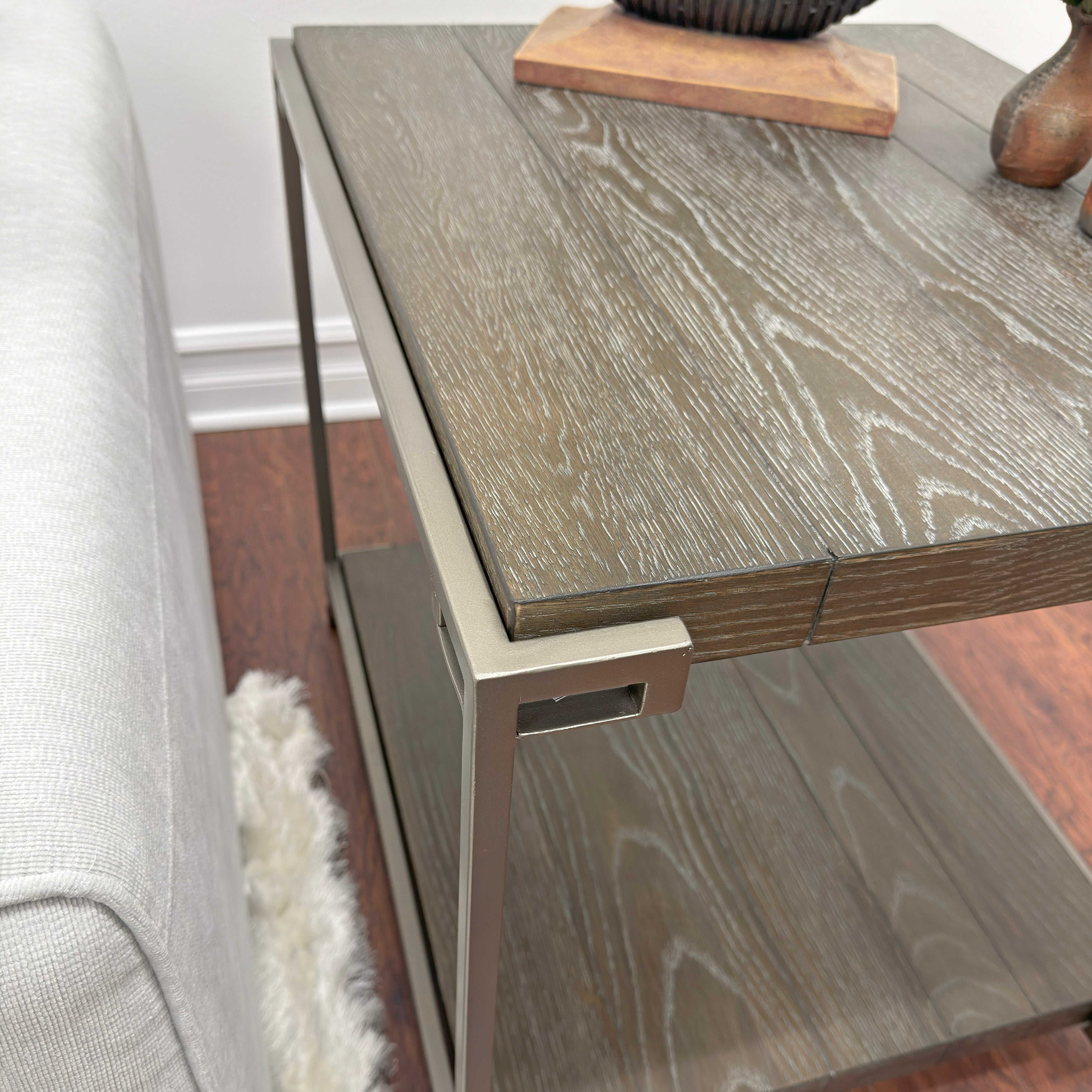 Roundhill Furniture Corbeta Metal Frame Wood End Table with Shelf - Aged Graphite Finish - Living Room Side Table, Nightstand, Bedroom Accent Table for Home Decor